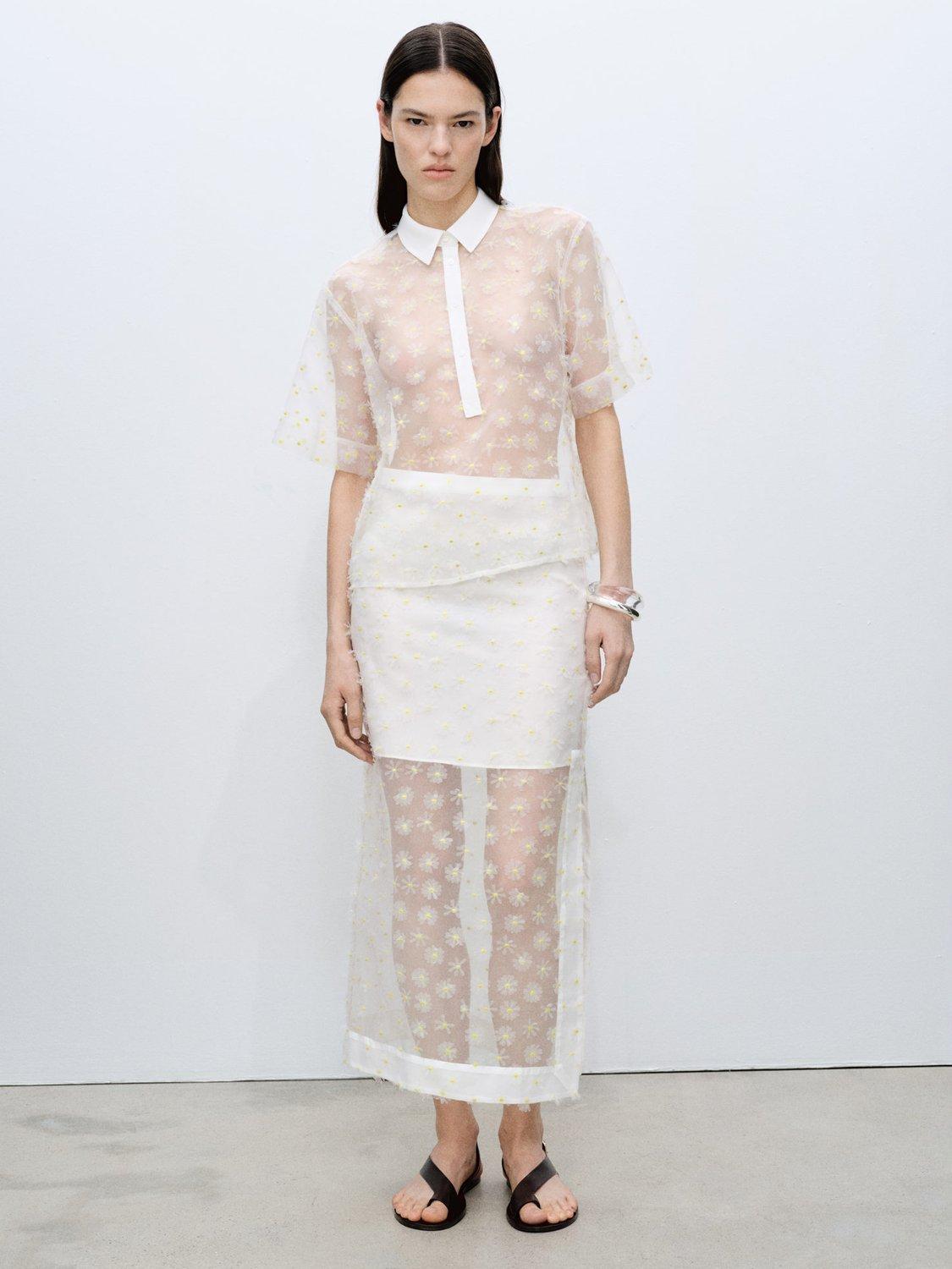Product image 3 of 7, which shows Mango Dacy Floral Embroidered Sheer Shirt, Natural White, 10
