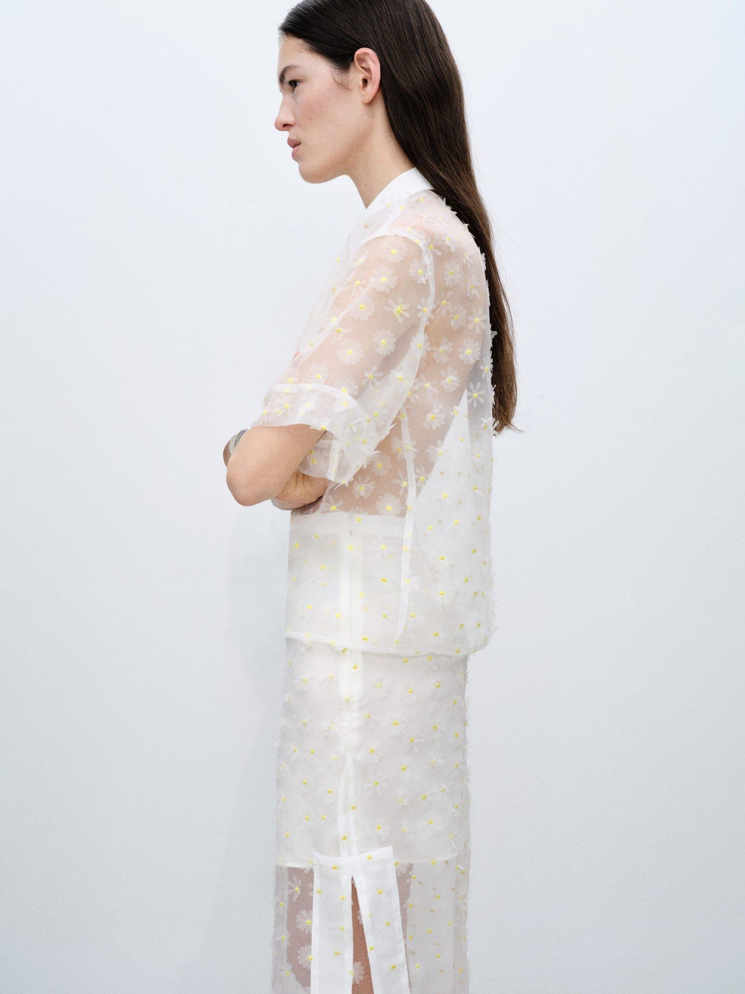 Product image 4 of 7, which shows Mango Dacy Floral Embroidered Sheer Shirt, Natural White, 10