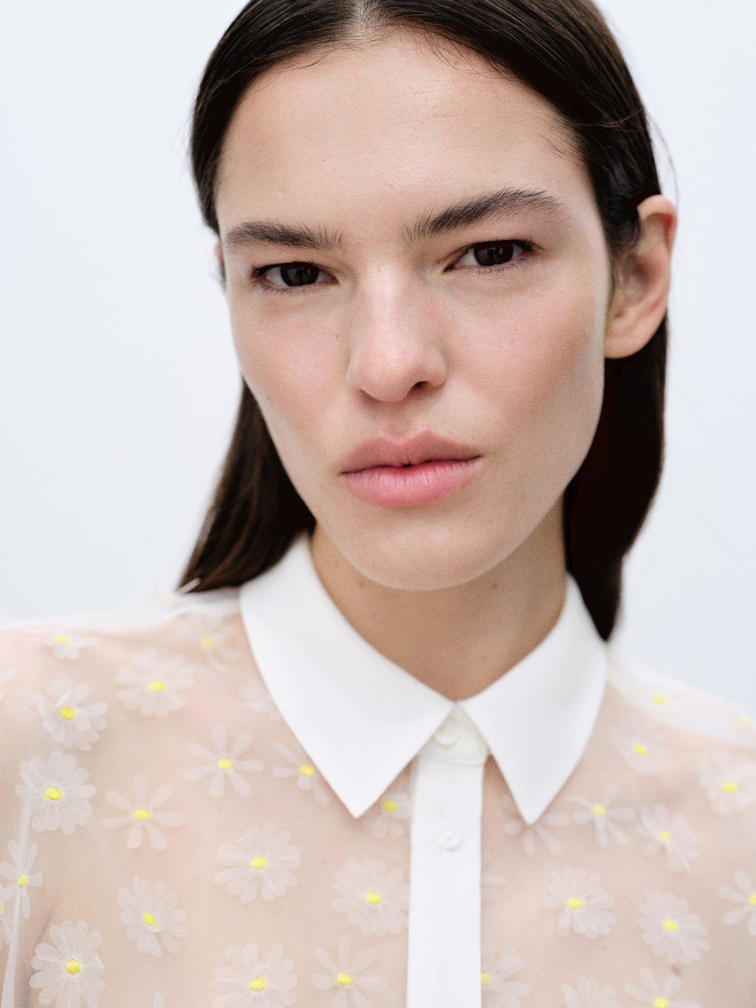 Product image 5 of 7, which shows Mango Dacy Floral Embroidered Sheer Shirt, Natural White, 10