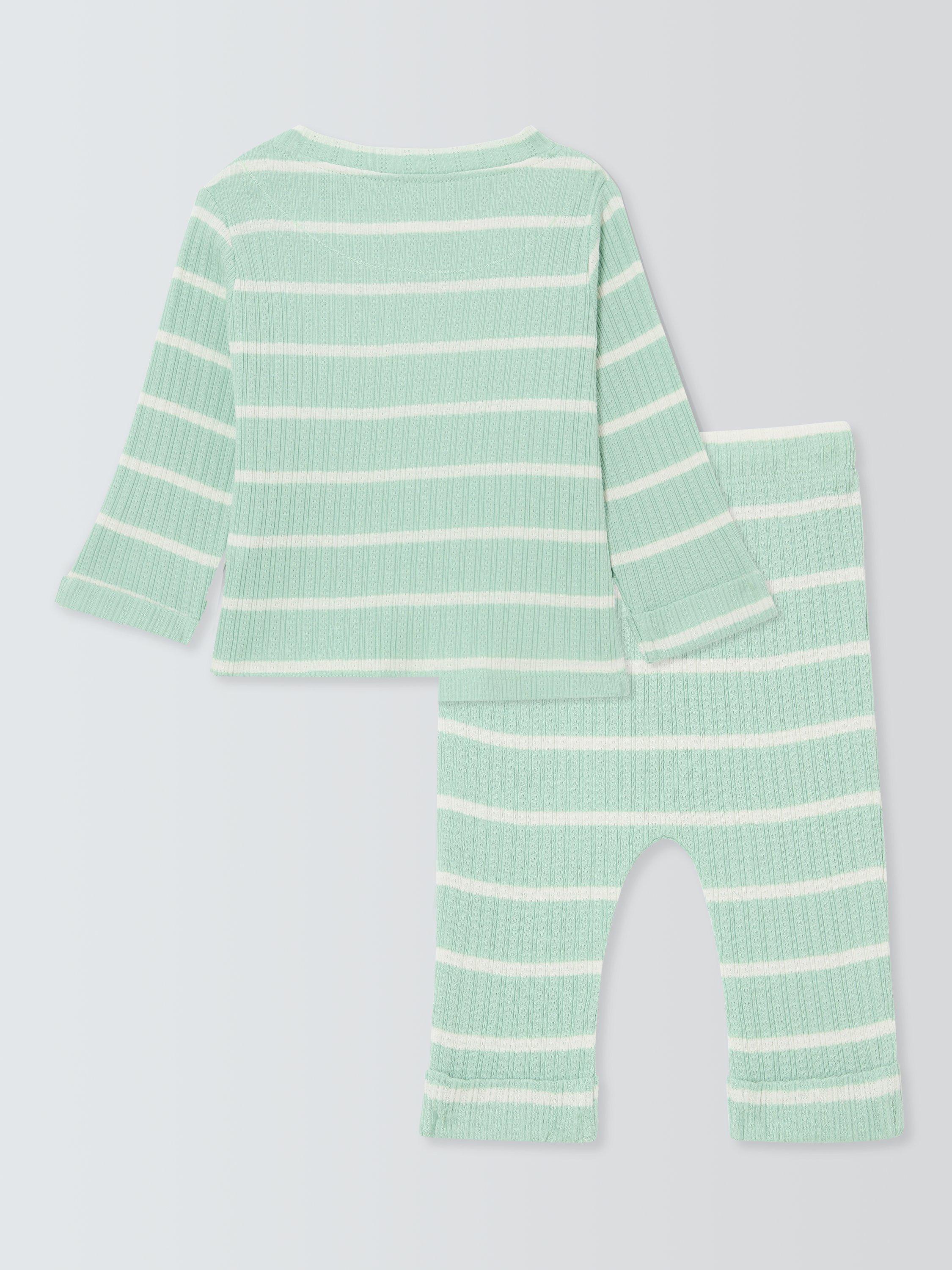 Product image 2 of 3, which shows John Lewis Baby Pointelle Stripe Pyjamas, Aqua, 3-6 months