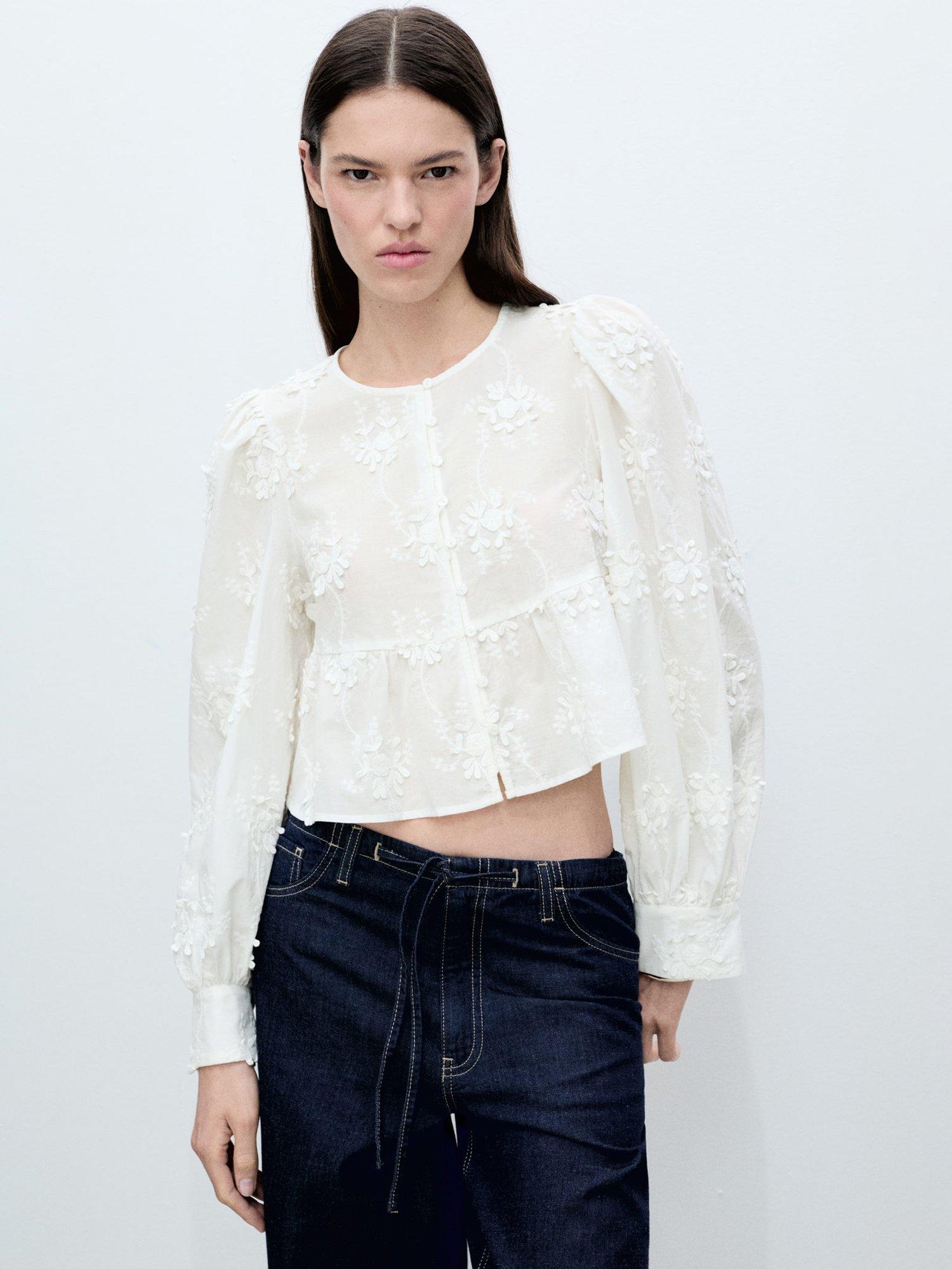 Mango Swirl Floral Cropped Blouse, White
