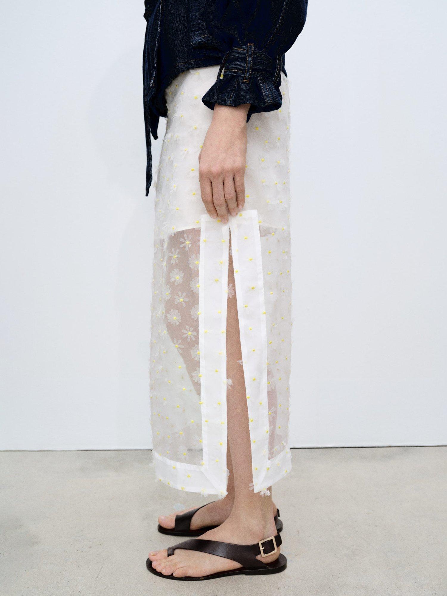 Product image 1 of 7, which shows Mango Dacy Floral Embroidered Sheer Midi Skirt, Natural White, L