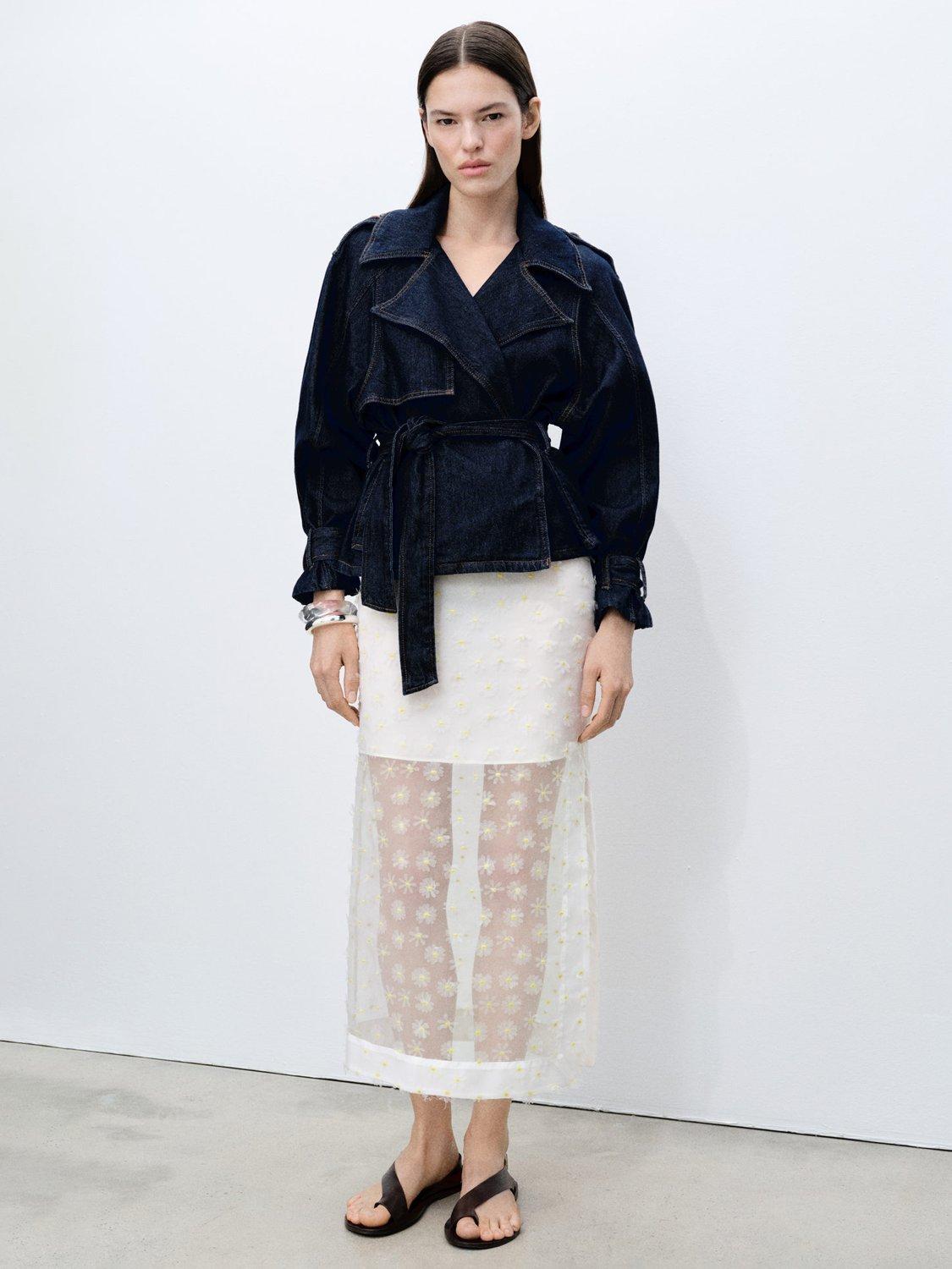 Product image 2 of 7, which shows Mango Dacy Floral Embroidered Sheer Midi Skirt, Natural White, L