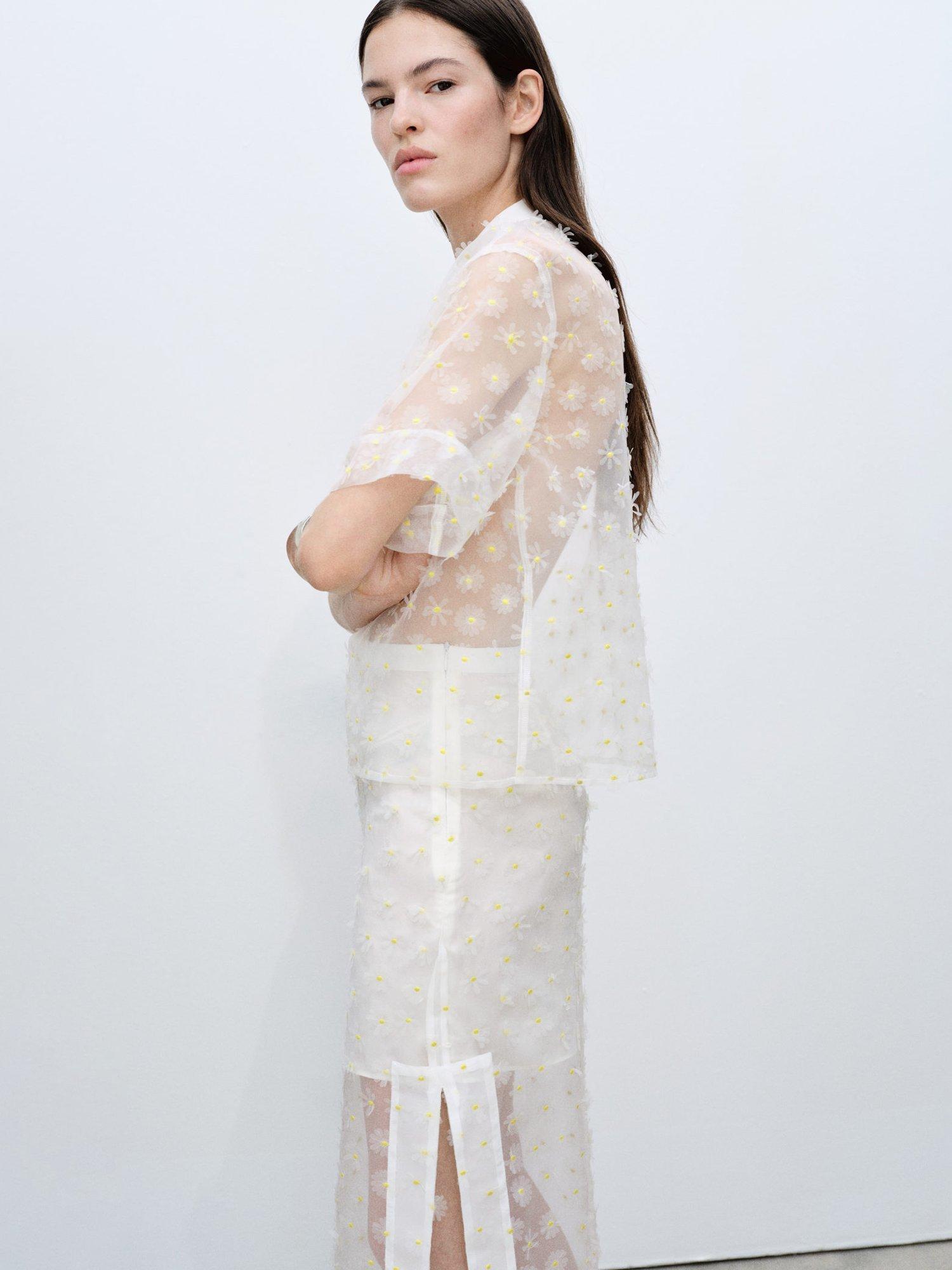 Product image 6 of 7, which shows Mango Dacy Floral Embroidered Sheer Midi Skirt, Natural White, L