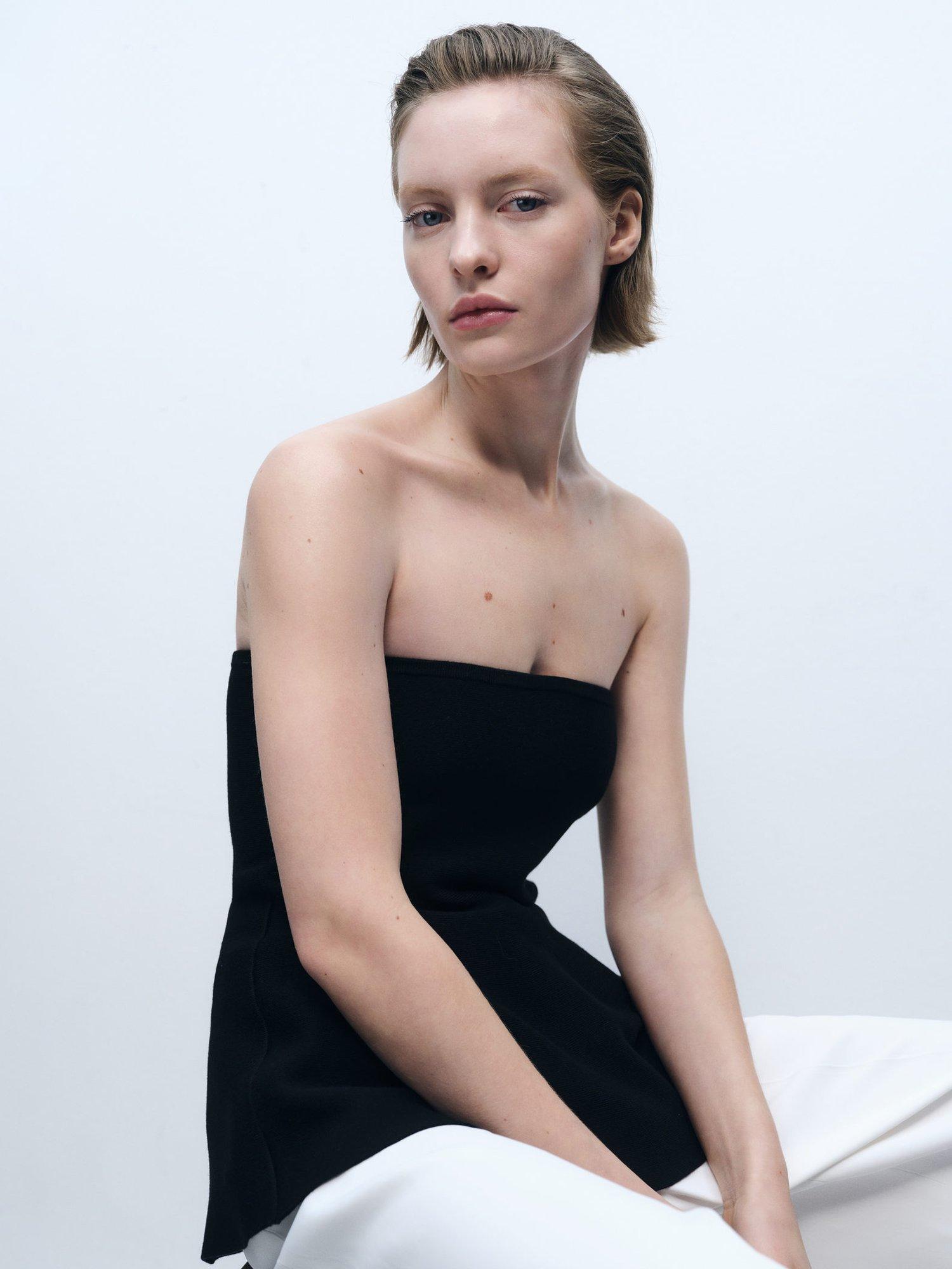 Product image 1 of 6, which shows Mango Pep Bandeau Peplum Top, Black, S