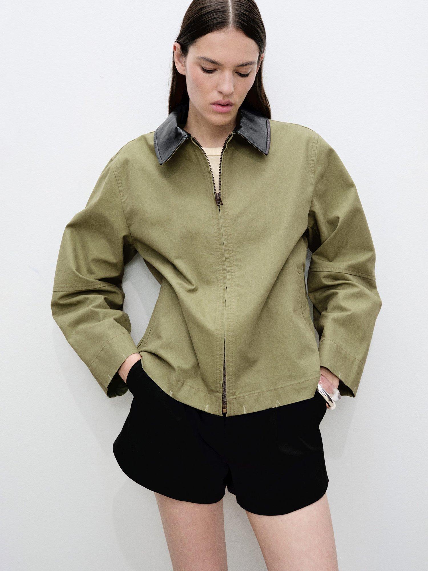 Product image 1 of 7, which shows Mango Sheila Faux Leather Collar Jacket, Khaki, L