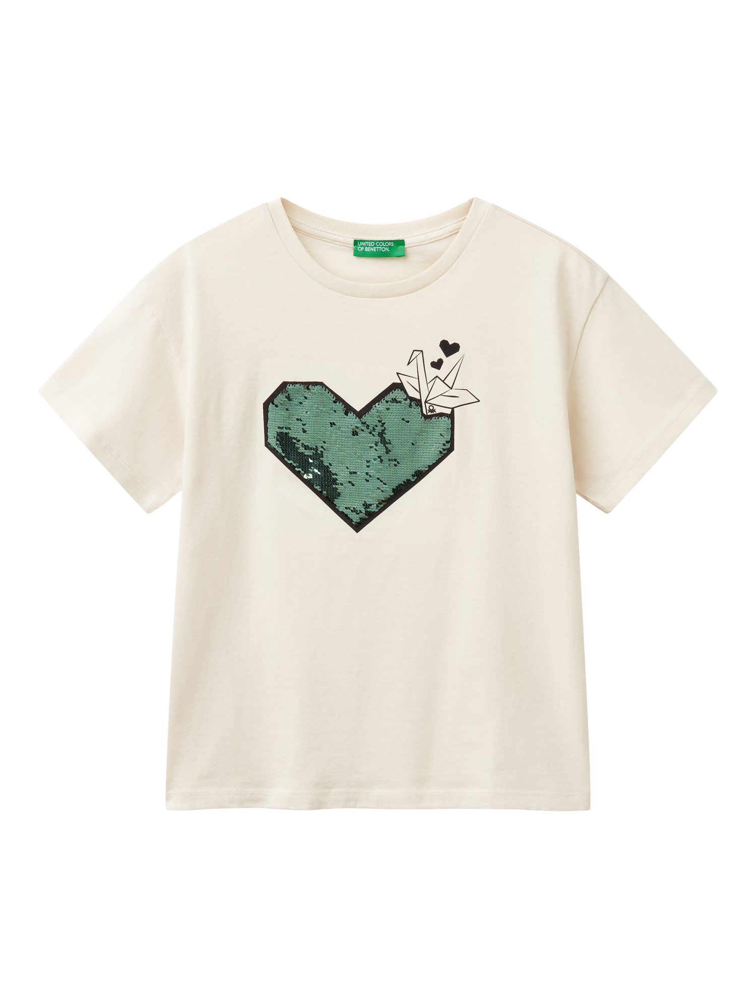 Product image 1 of 3, which shows Benetton Kids' Sequin Heart T-Shirt, Ecru, 6-7 years