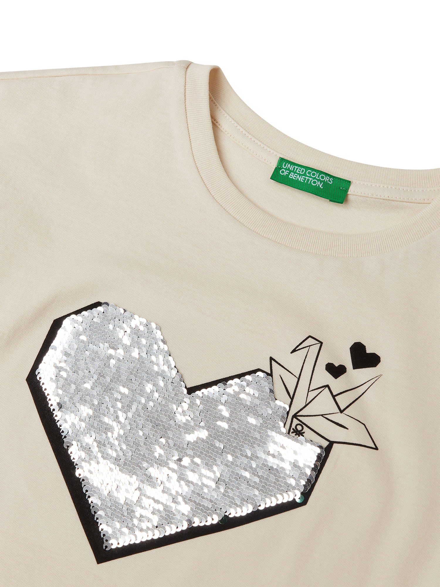 Product image 3 of 3, which shows Benetton Kids' Sequin Heart T-Shirt, Ecru, 6-7 years