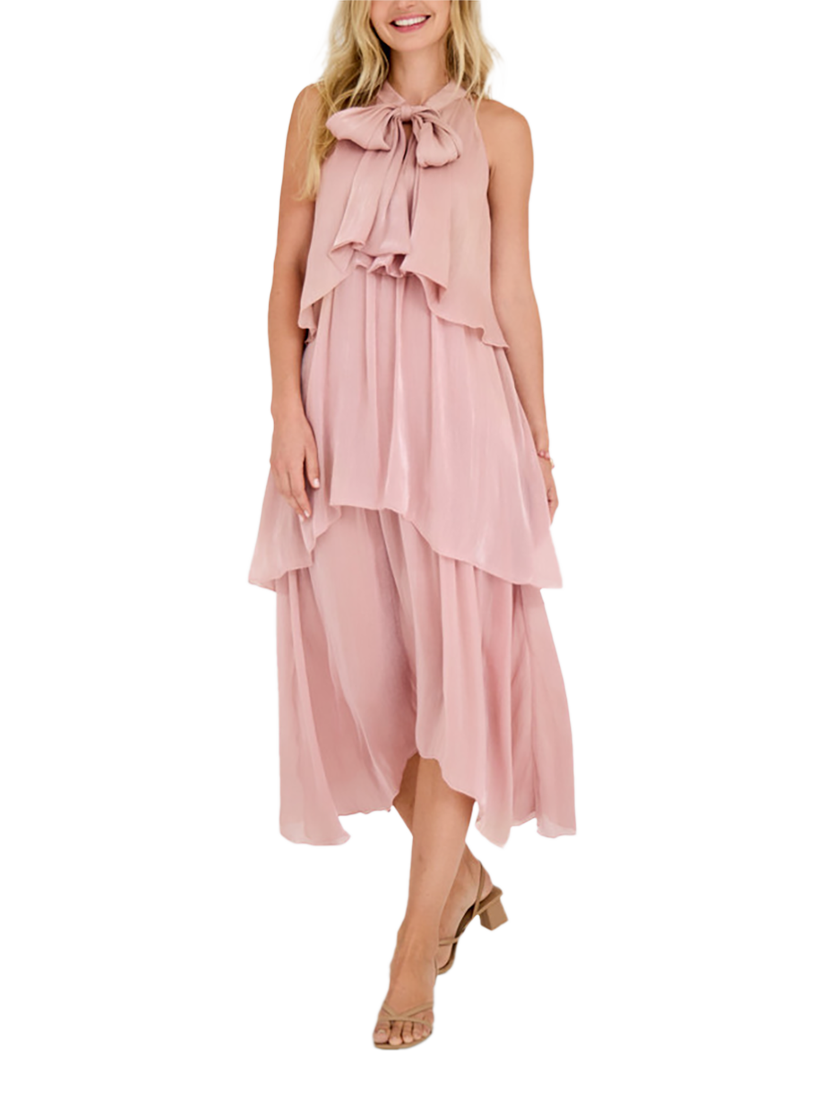 Product image 1 of 6, which shows A-VIEW Demi Halterneck Tiered Midi Dress, Mid Pink, 8