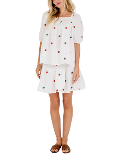 A-VIEW Winnie Strawberry Embroidered Smock Blouse, White/Red