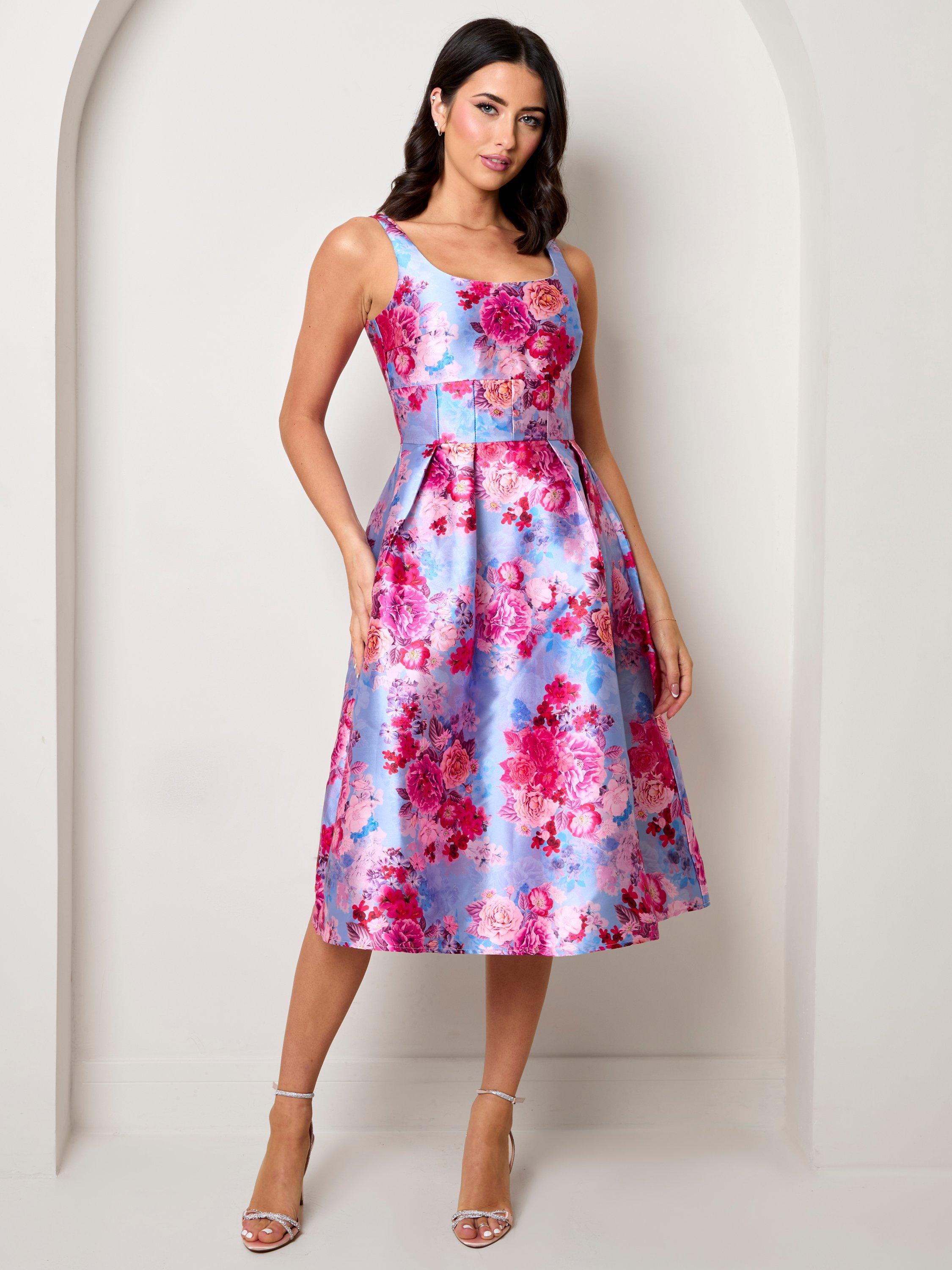 Product image 1 of 4, which shows Chi Chi London Floral Fit and Flare Dress, Blue/Multi, 6