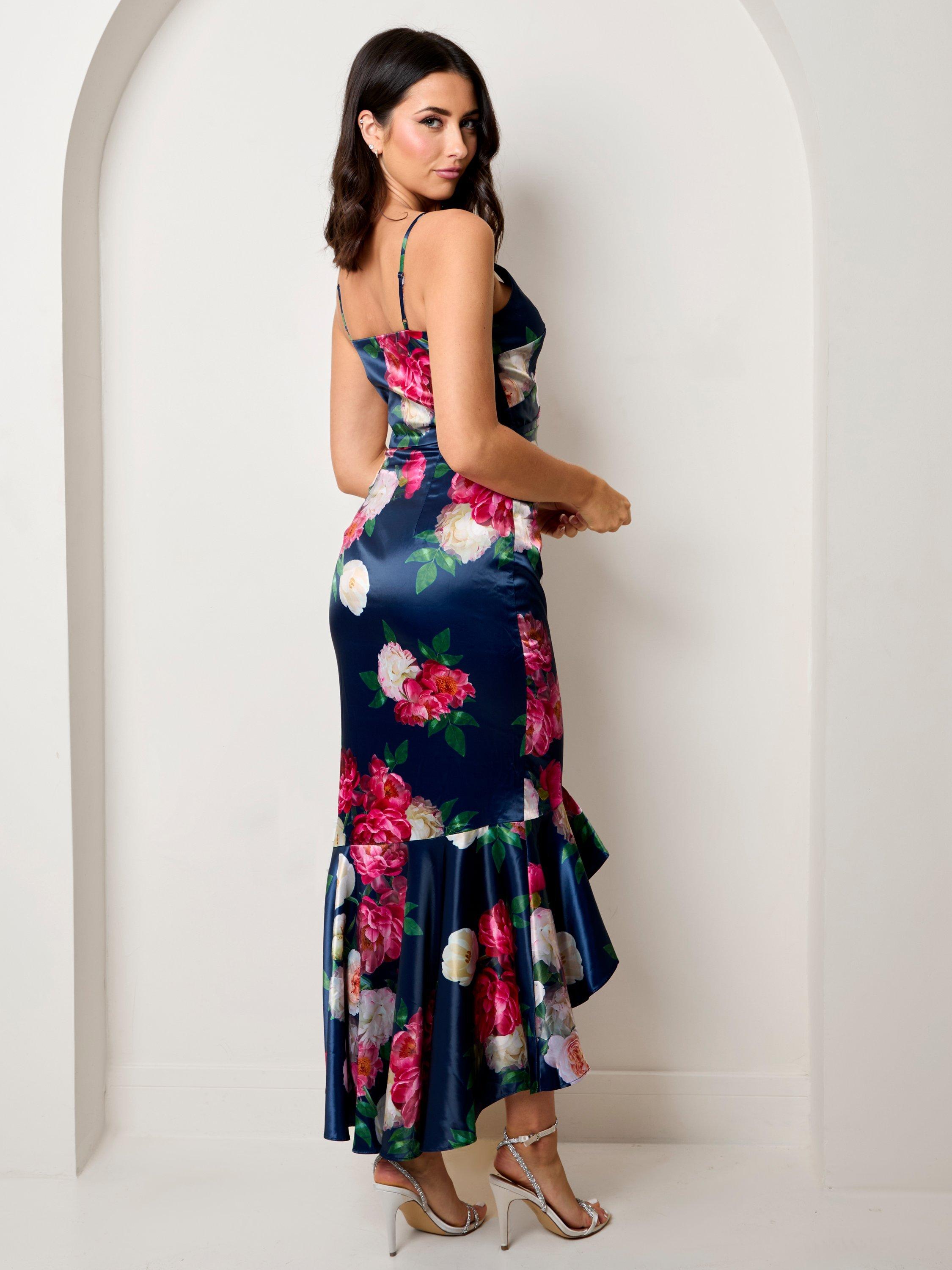 Product image 3 of 3, which shows Chi Chi London Floral Ruffle Hem Satin Dress, Navy, 6