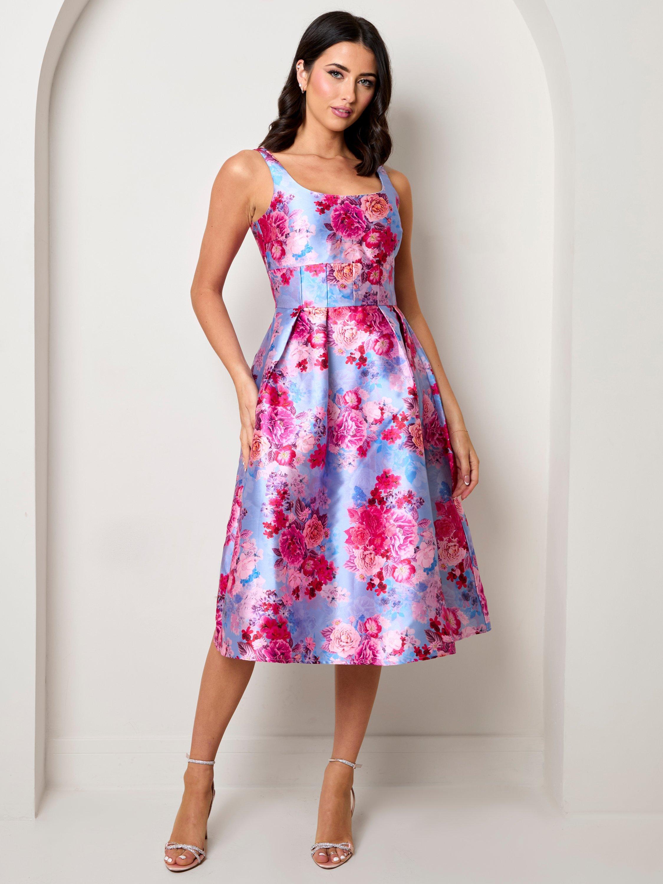 Product image 1 of 3, which shows Chi Chi London Curve Jacquard Floral Dress, Blue/Multi, 18