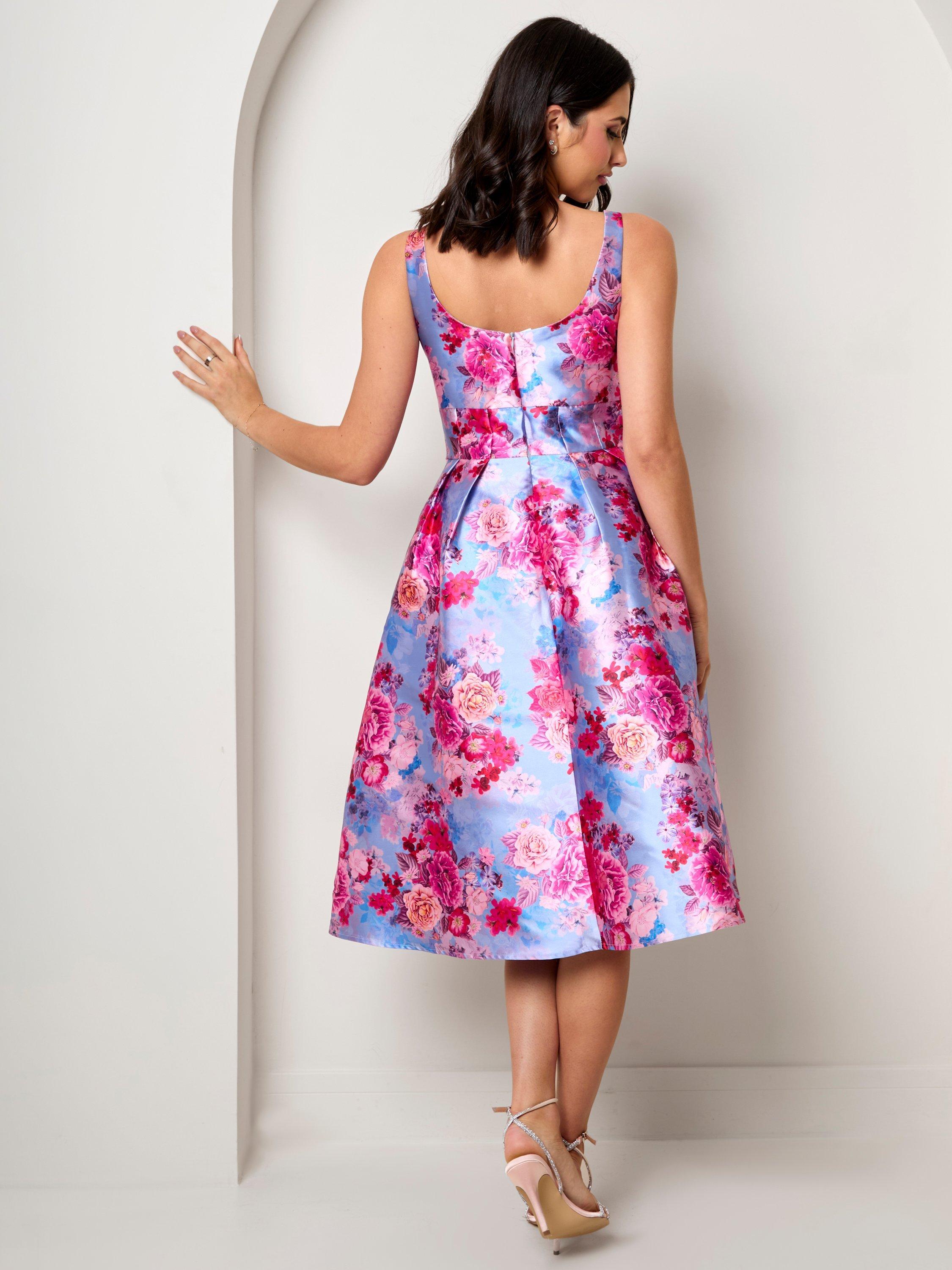 Product image 2 of 3, which shows Chi Chi London Curve Jacquard Floral Dress, Blue/Multi, 18