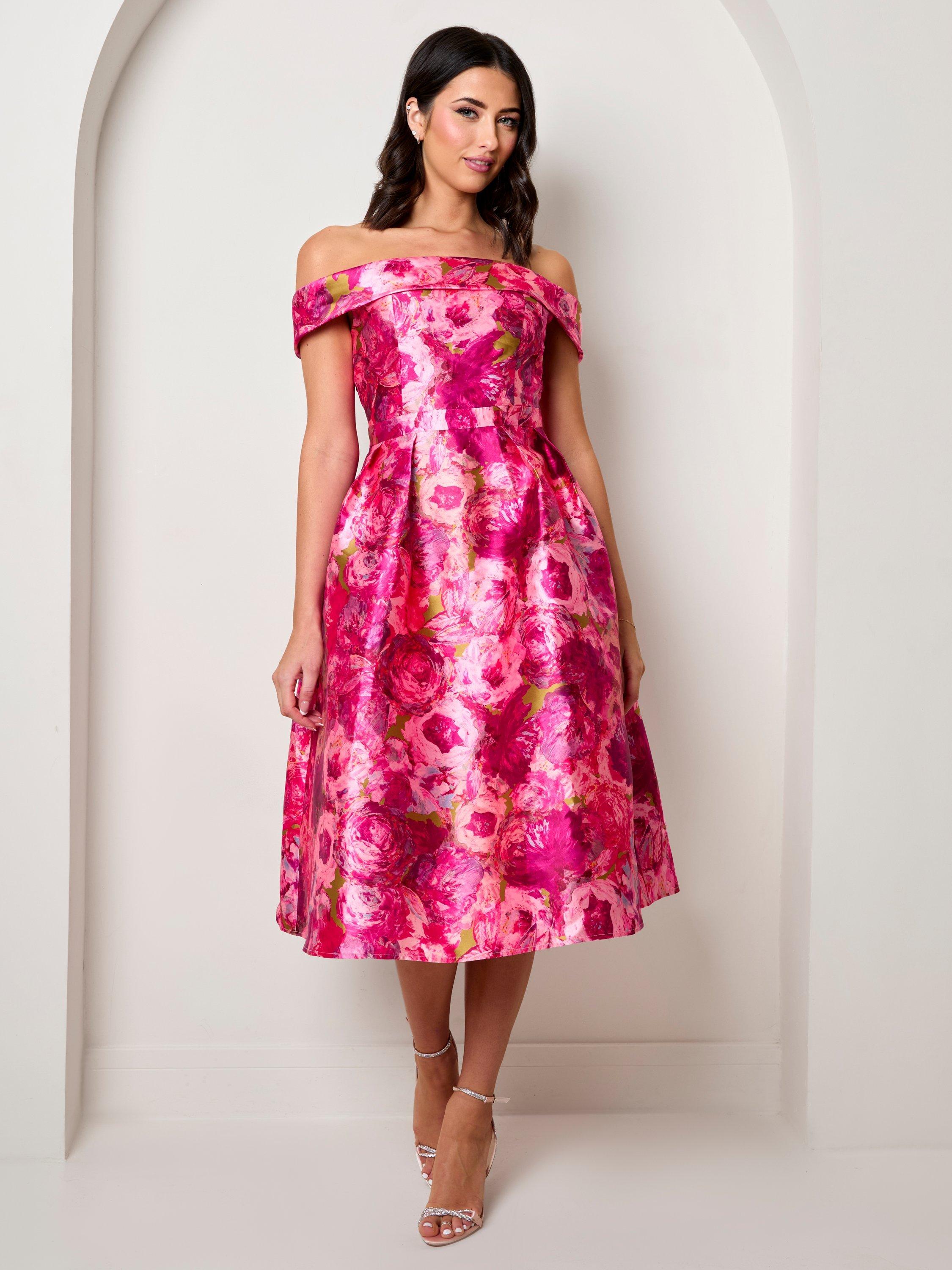 Product image 1 of 4, which shows Chi Chi London Floral Jacquard Bardot Midi Dress, Pink, 6