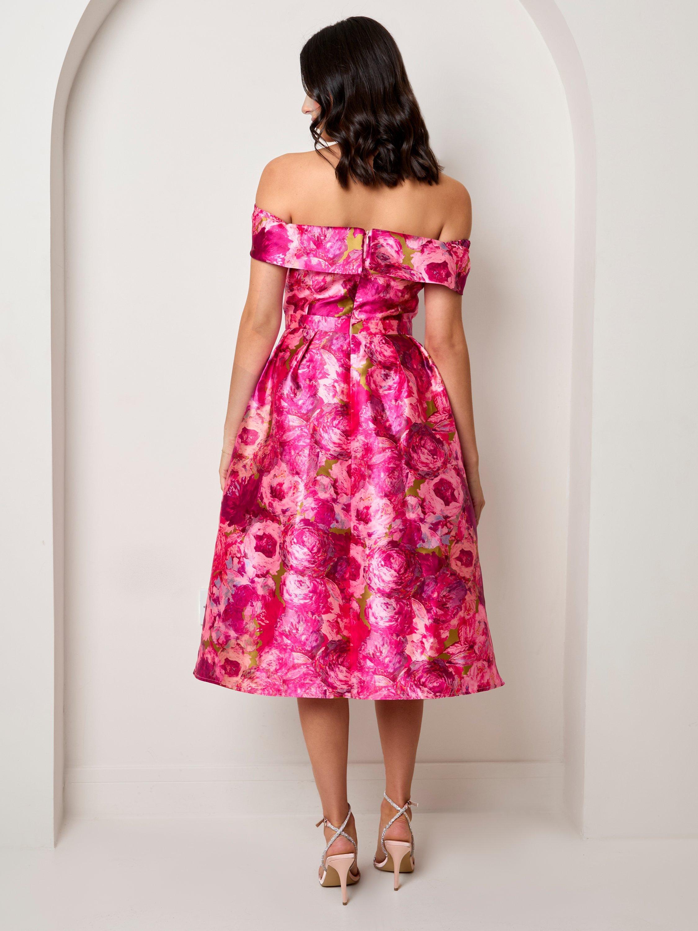 Product image 4 of 4, which shows Chi Chi London Floral Jacquard Bardot Midi Dress, Pink, 6