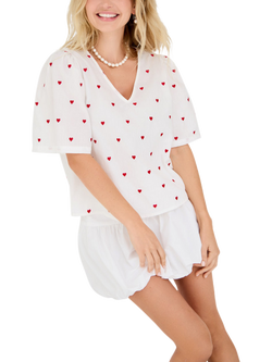 A-VIEW Heart Print V-Neck Top, White/Red, White/Red