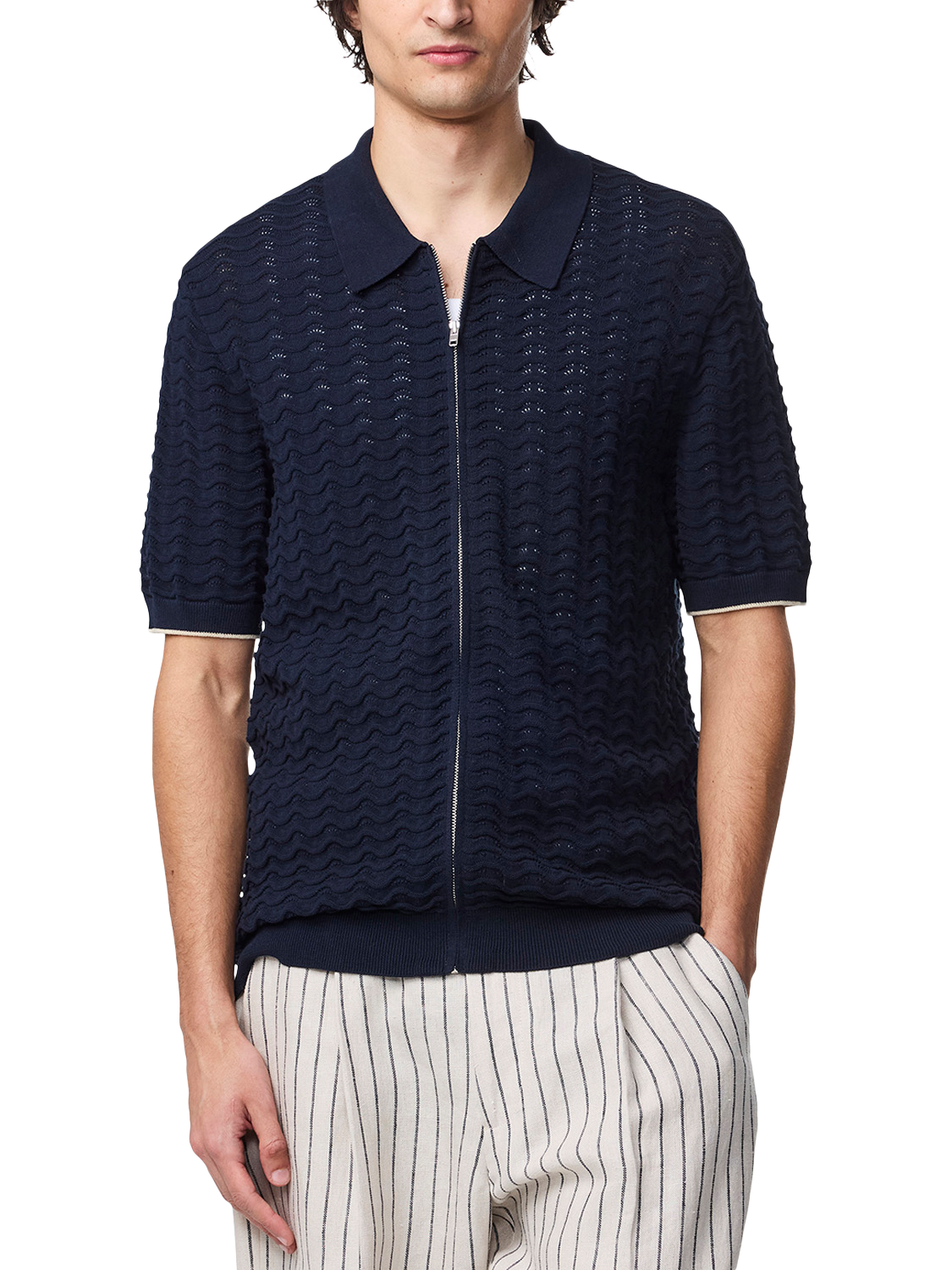 Product image 1 of 5, which shows NN.07 Textured Zip Front Cotton Polo Shirt, Navy Blue, S