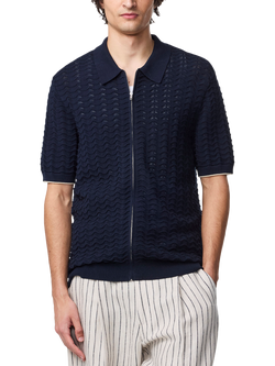 NN.07 Textured Zip Front Cotton Polo Shirt, Navy Blue