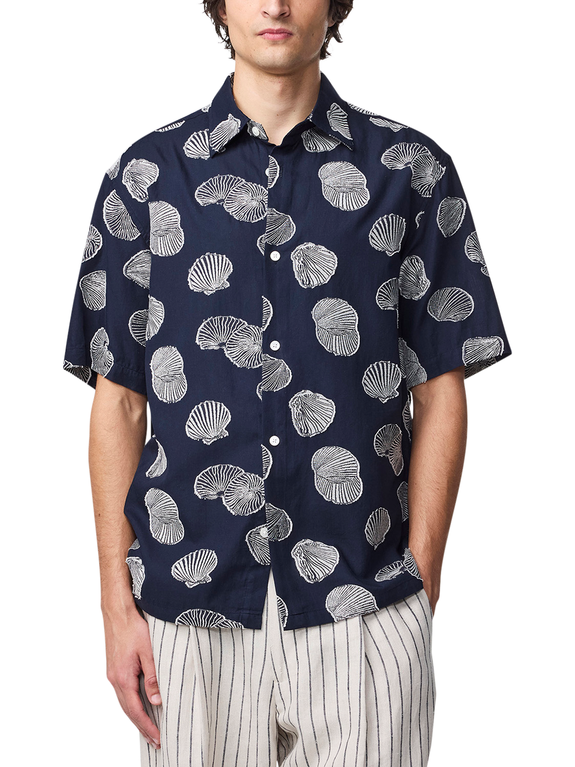 Product image 1 of 5, which shows NN.07 Freddy Cotton Regular Fit Shell Print Shirt, Navy Blue, S