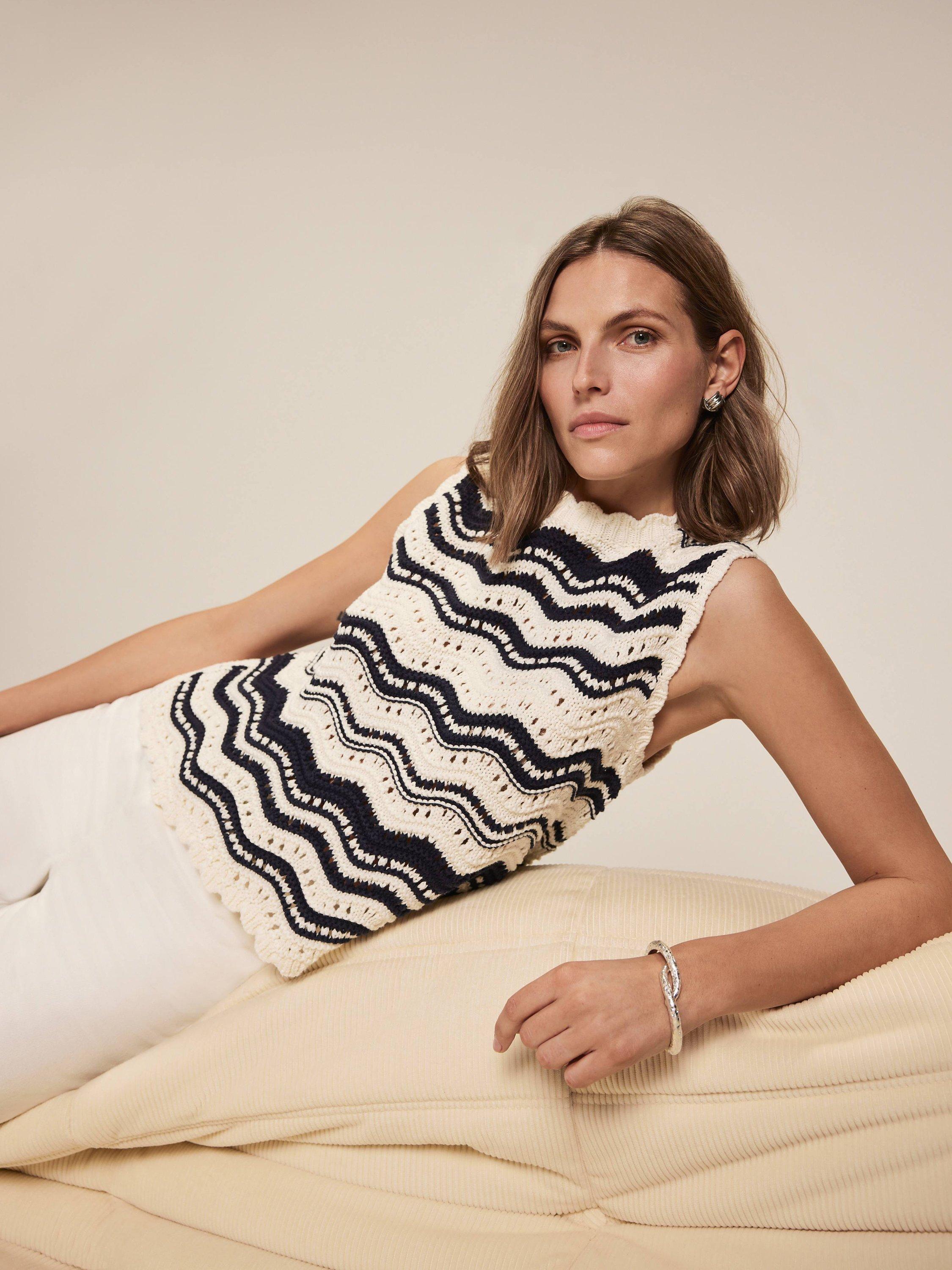 Mint Velvet Wavy Stripe Knit Top, White/Navy