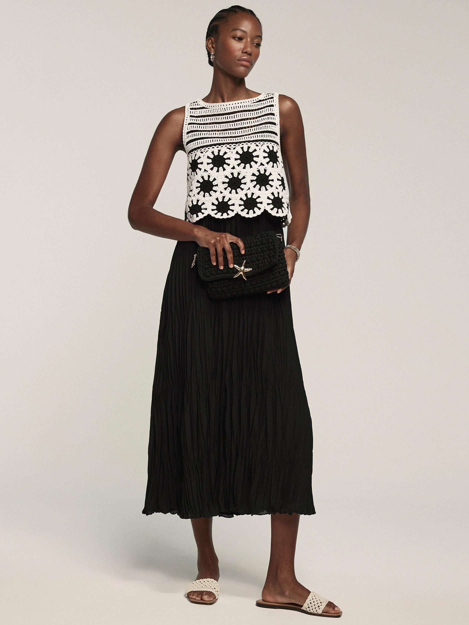 Mint Velvet Crochet Pleated Midi Dress, Black Black