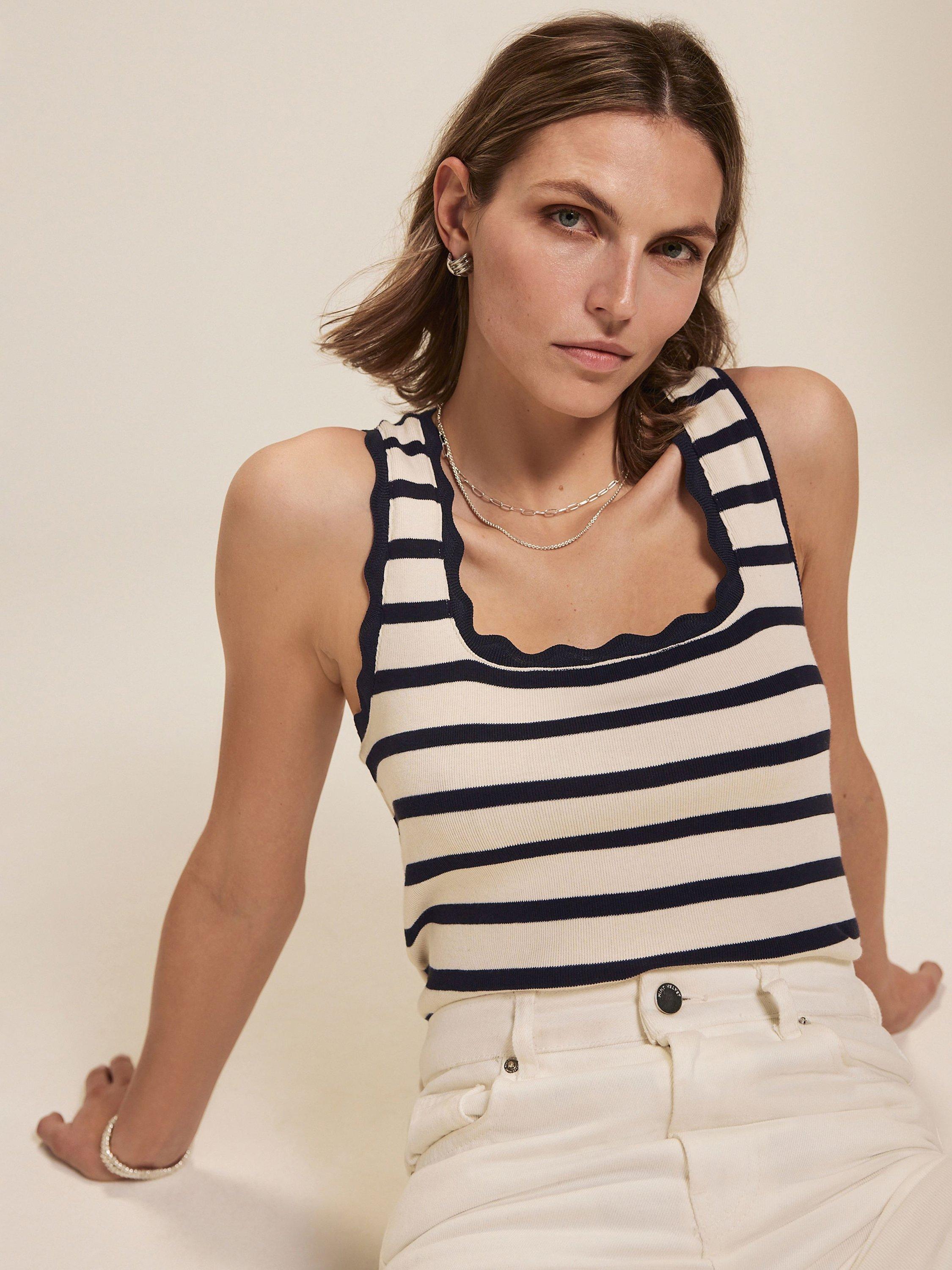 Product image 3 of 8, which shows Mint Velvet Stripe Scallop Trim Vest Top, Blue Navy, L