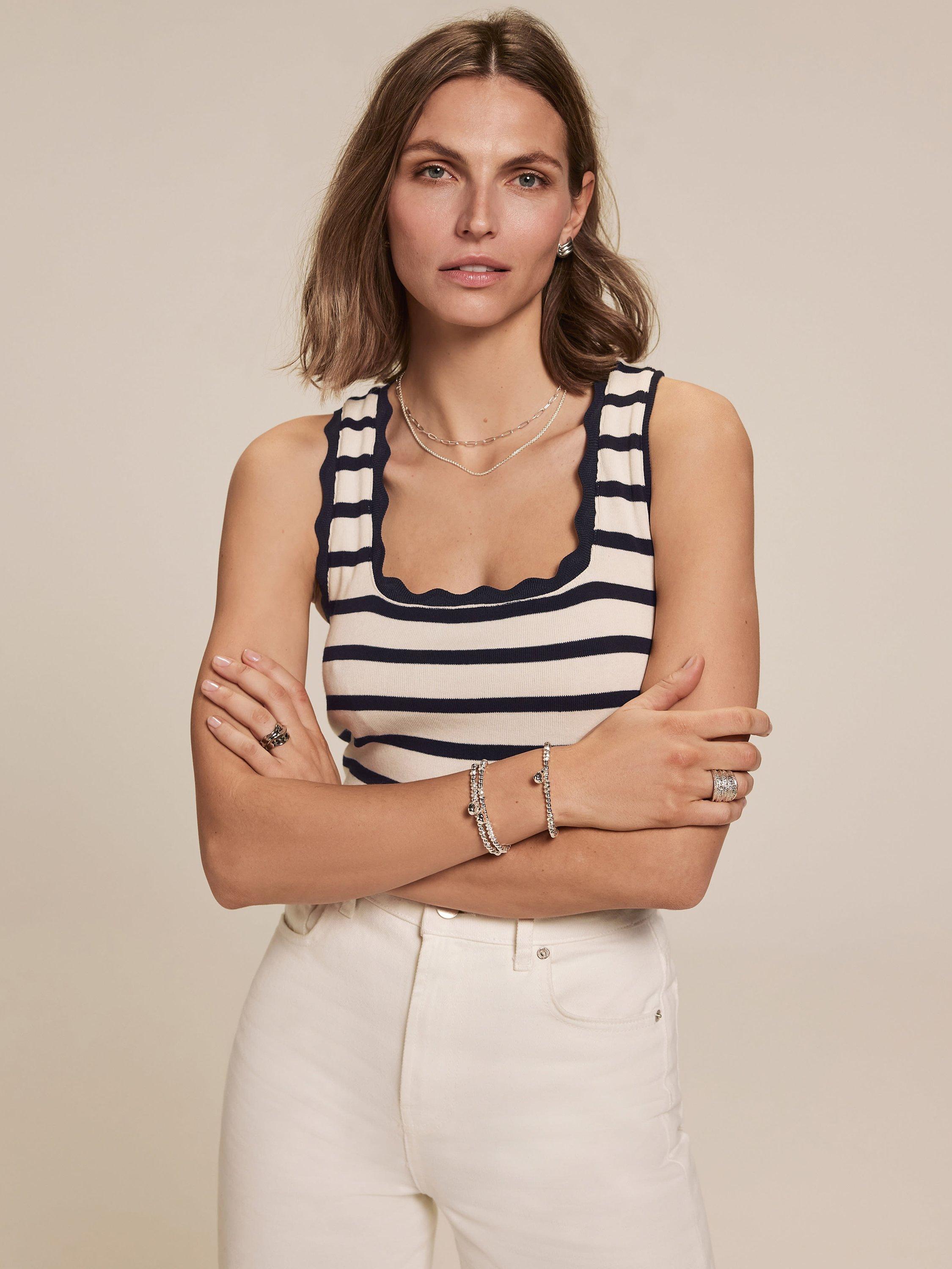 Product image 4 of 8, which shows Mint Velvet Stripe Scallop Trim Vest Top, Blue Navy, L