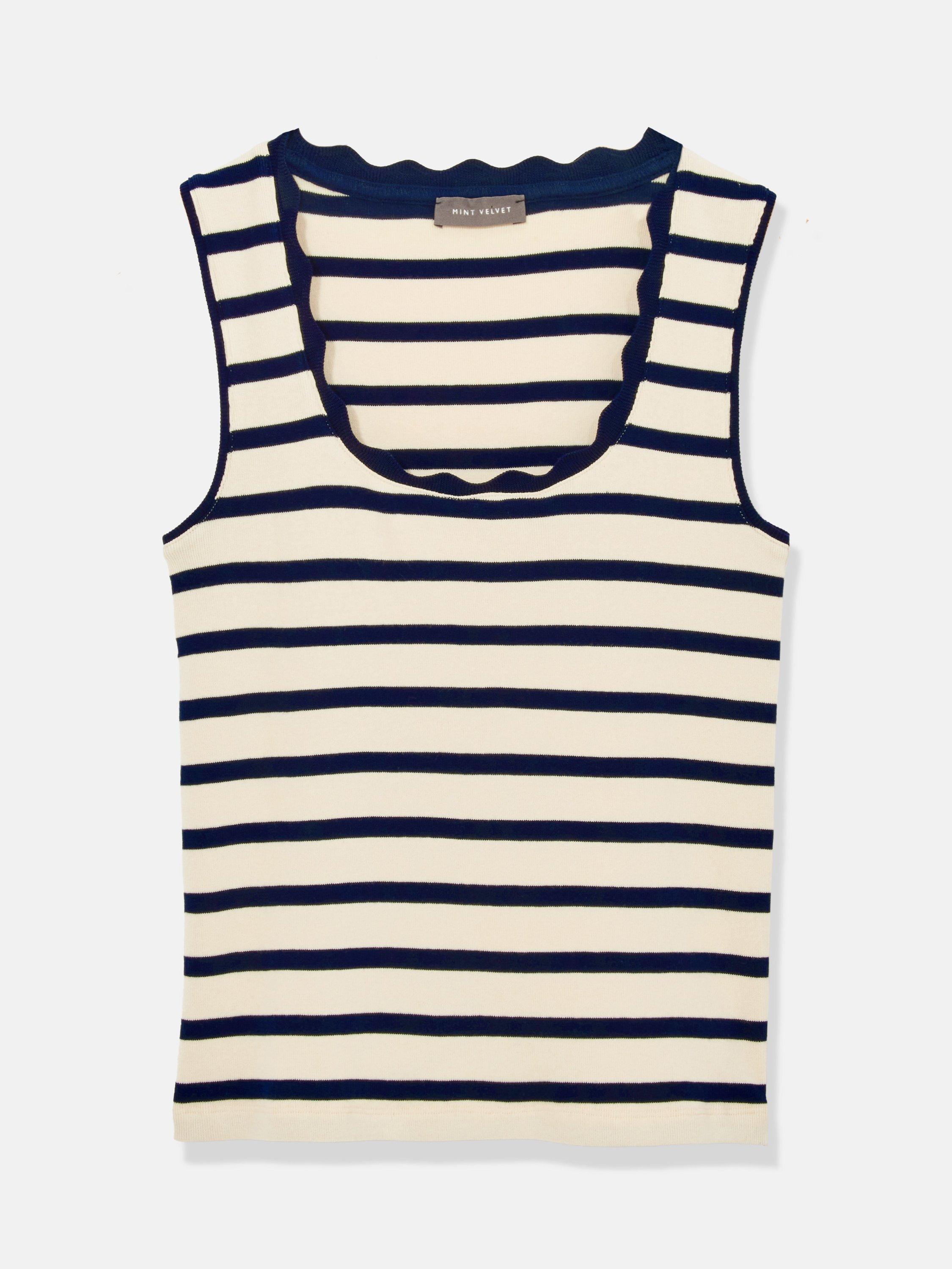 Product image 6 of 8, which shows Mint Velvet Stripe Scallop Trim Vest Top, Blue Navy, L