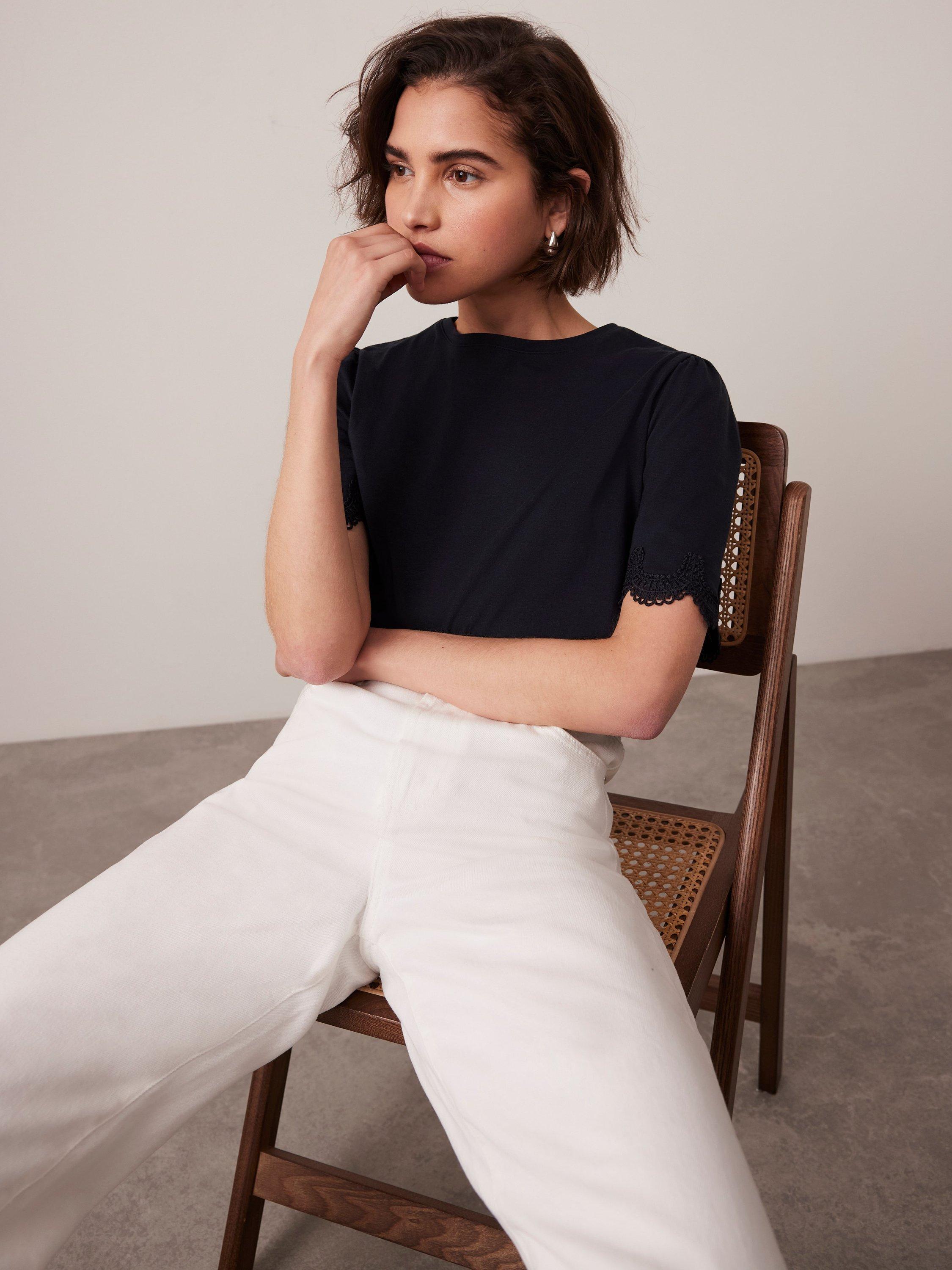 Product image 1 of 6, which shows Mint Velvet Lace Trim Sleeve T-Shirt, Blue Navy, L