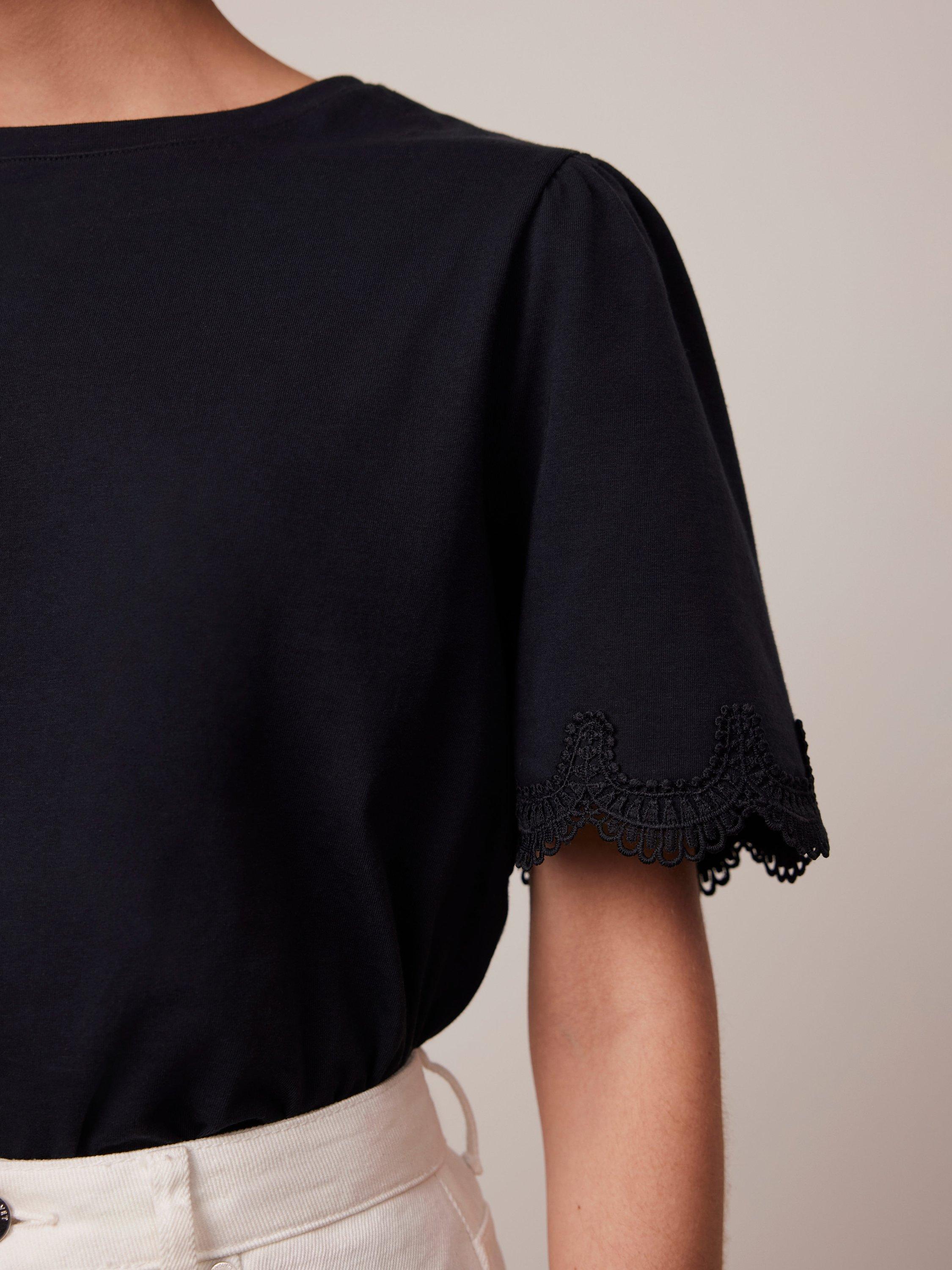 Product image 2 of 6, which shows Mint Velvet Lace Trim Sleeve T-Shirt, Blue Navy, L