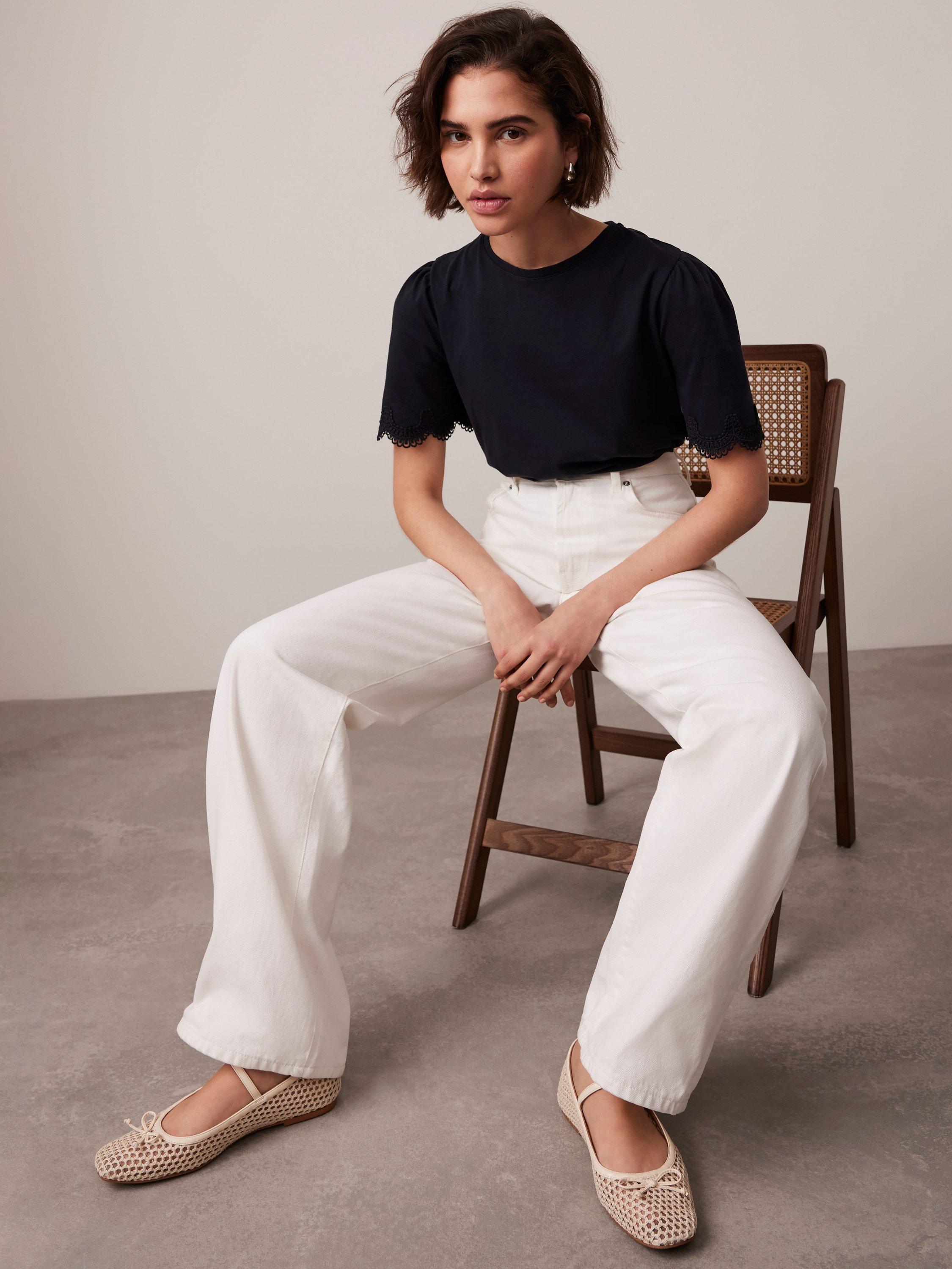 Product image 3 of 6, which shows Mint Velvet Lace Trim Sleeve T-Shirt, Blue Navy, L