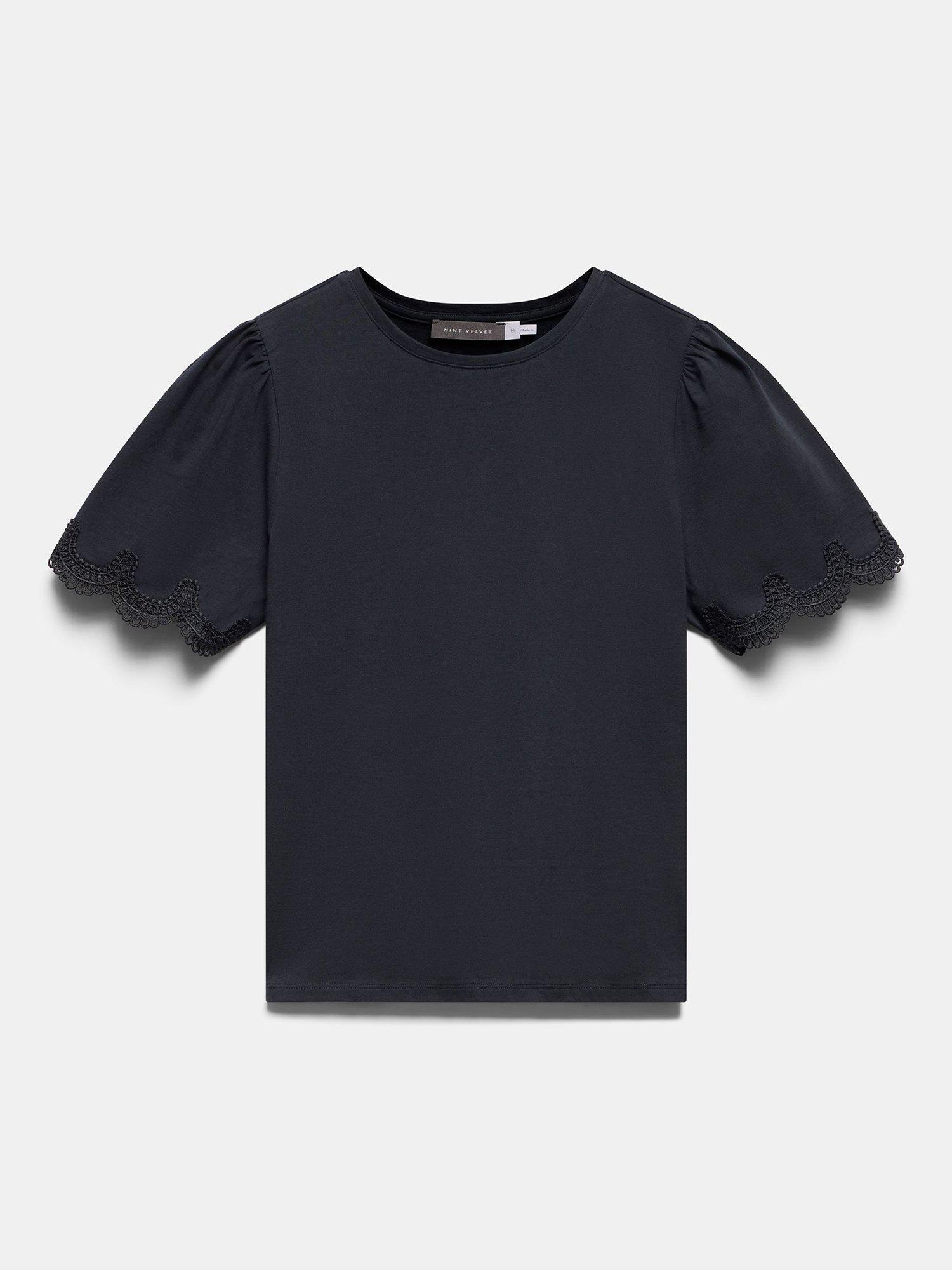 Product image 4 of 6, which shows Mint Velvet Lace Trim Sleeve T-Shirt, Blue Navy, L