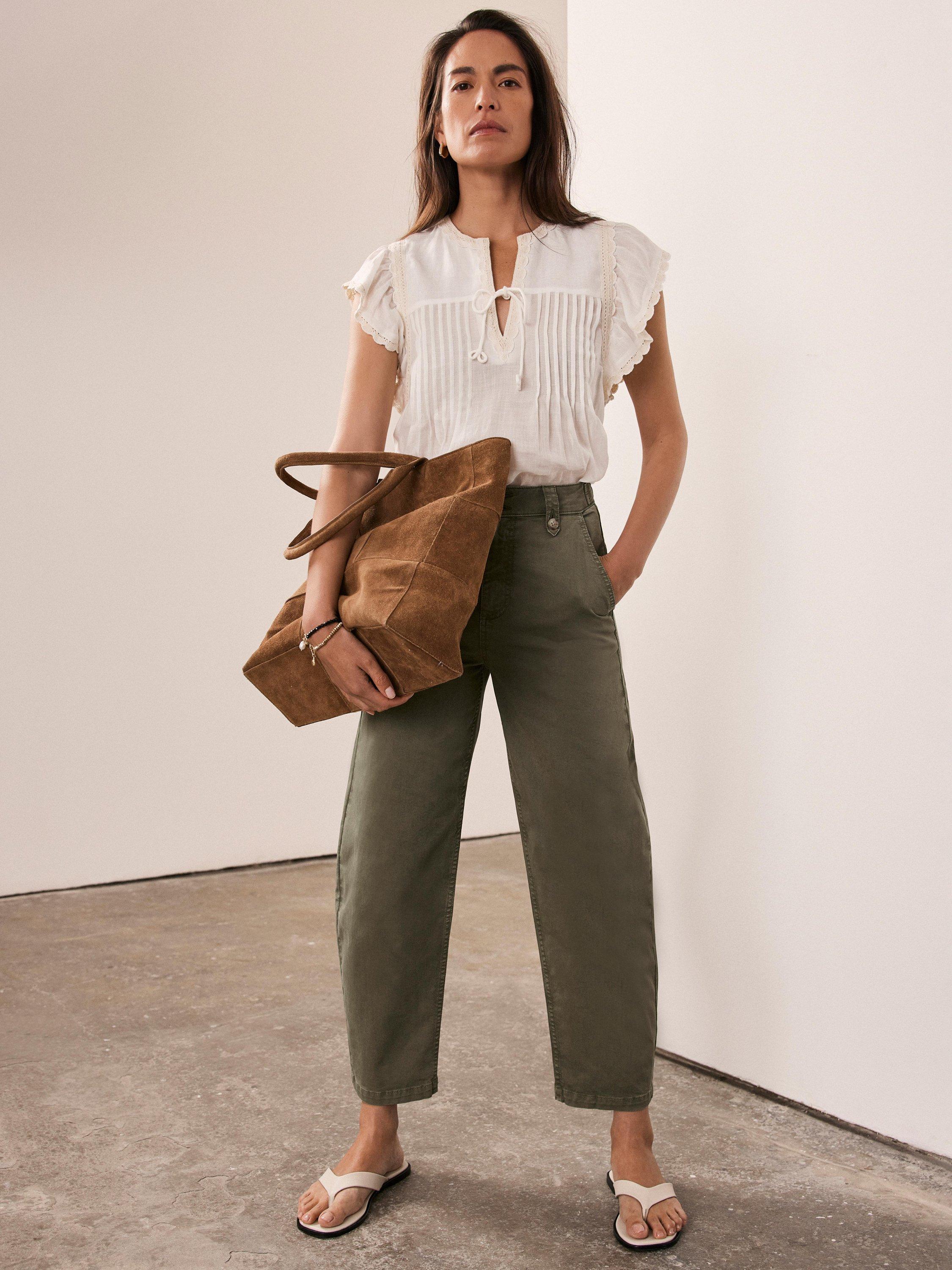 Product image 1 of 7, which shows Mint Velvet Barrel Leg Chinos, Green Khaki, 6R