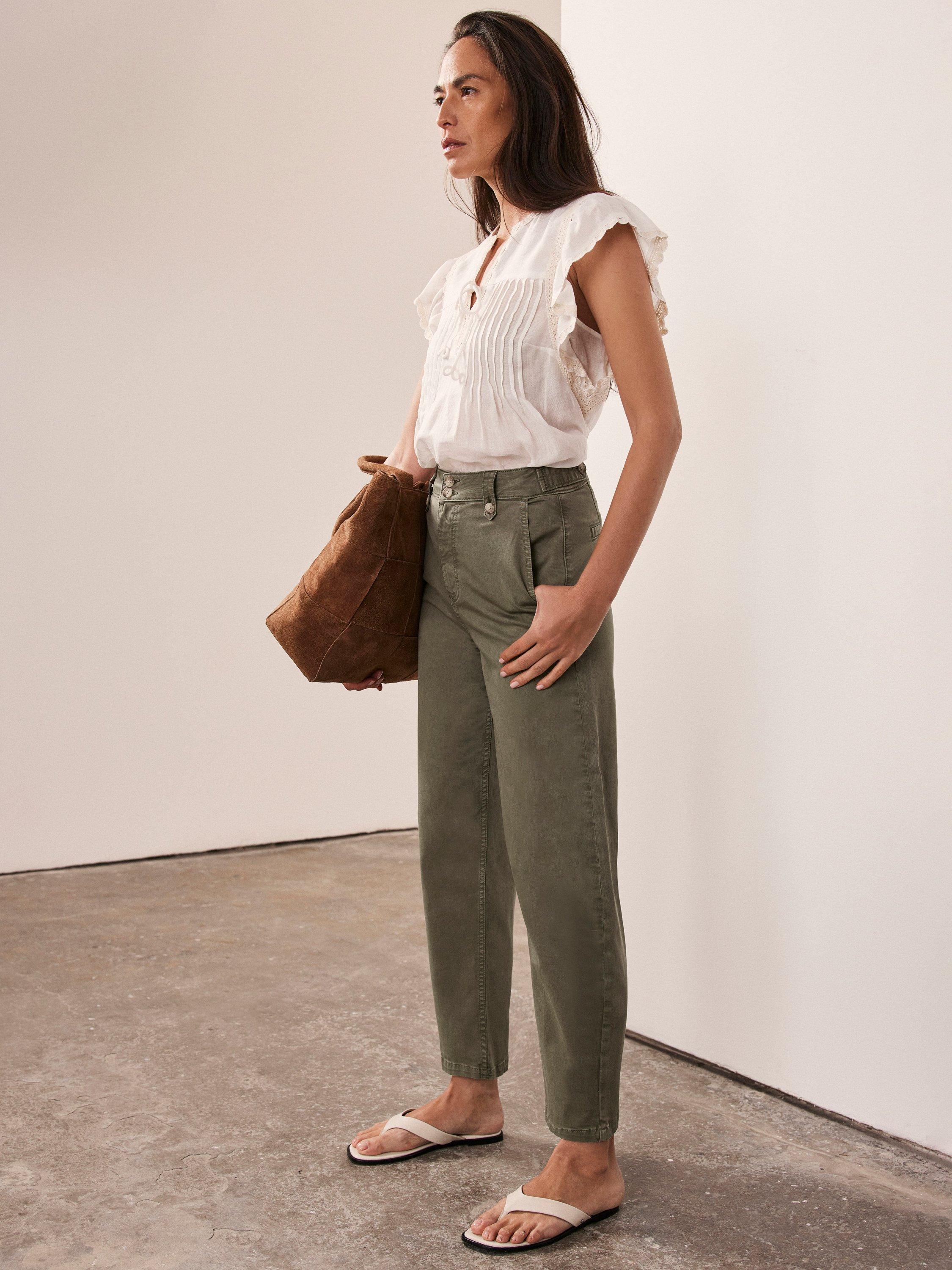 Product image 2 of 7, which shows Mint Velvet Barrel Leg Chinos, Green Khaki, 6R
