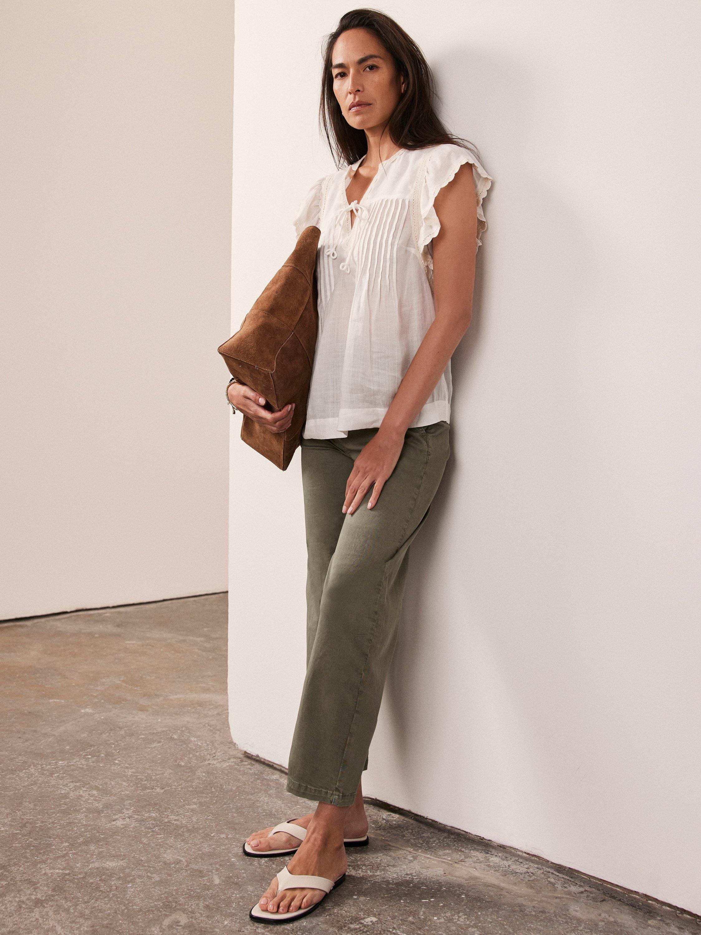 Product image 4 of 7, which shows Mint Velvet Barrel Leg Chinos, Green Khaki, 6R