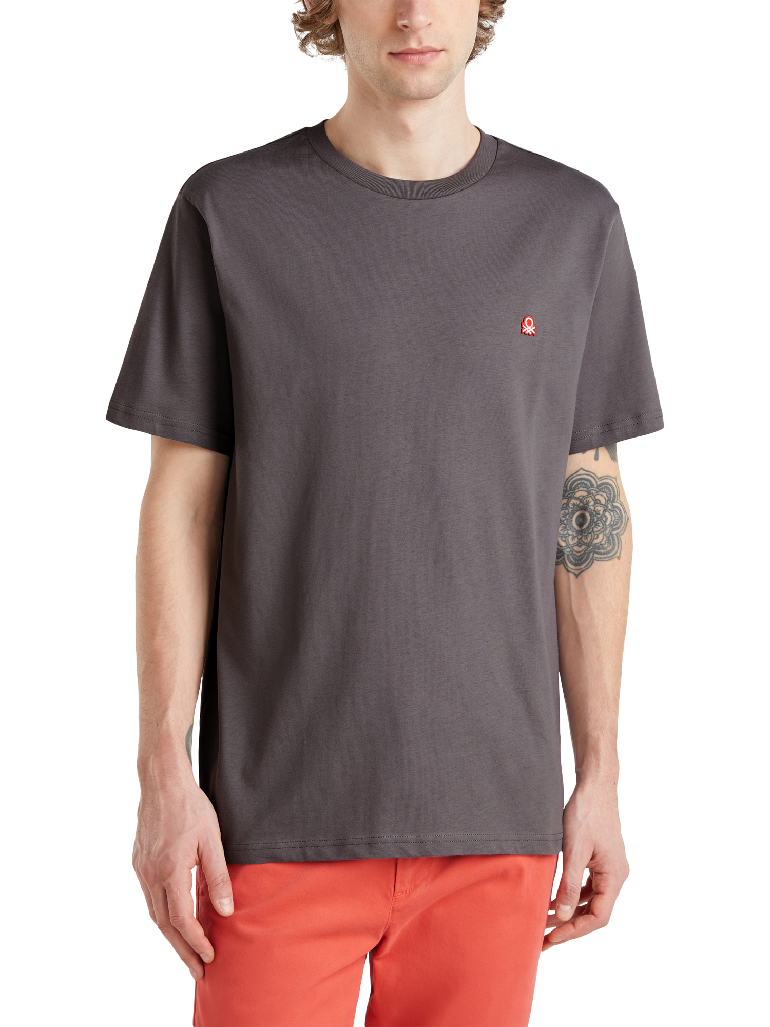 Product image 1 of 4, which shows Benetton Cotton Regular Fit Short Sleeve T-Shirt, Matte Grey, S