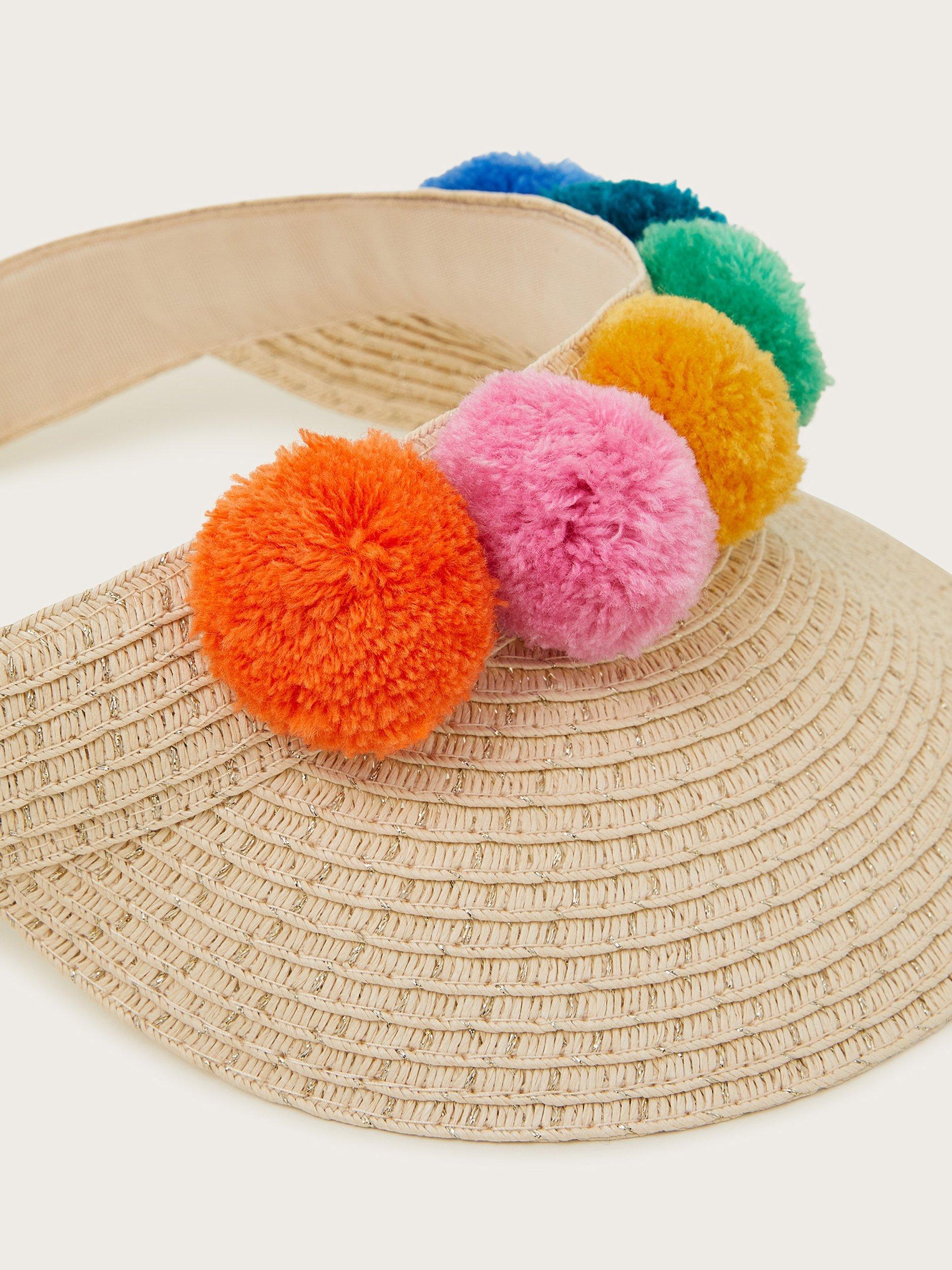 Product image 3 of 3, which shows Monsoon Kids' Pom Pom Woven Sun Visor, Multi, 3-6 years
