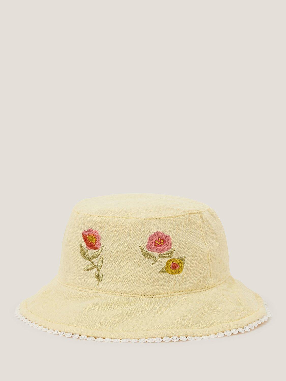 Product image 1 of 3, which shows Monsoon Baby Floral Embroidered Bucket Hat, Lemon, 0-6 months