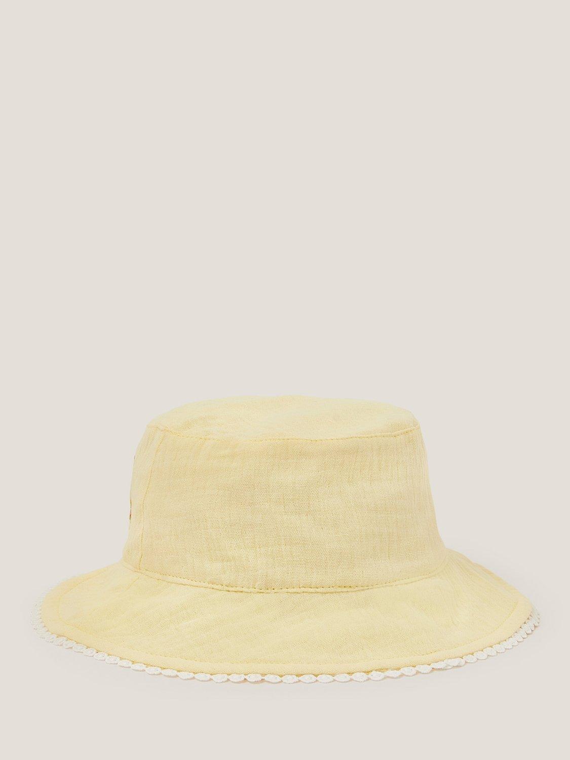 Product image 2 of 3, which shows Monsoon Baby Floral Embroidered Bucket Hat, Lemon, 0-6 months