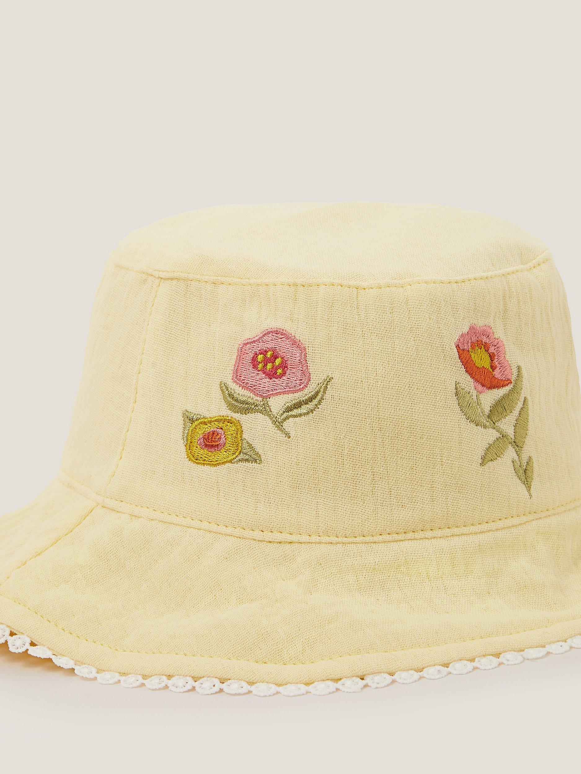 Product image 3 of 3, which shows Monsoon Baby Floral Embroidered Bucket Hat, Lemon, 0-6 months