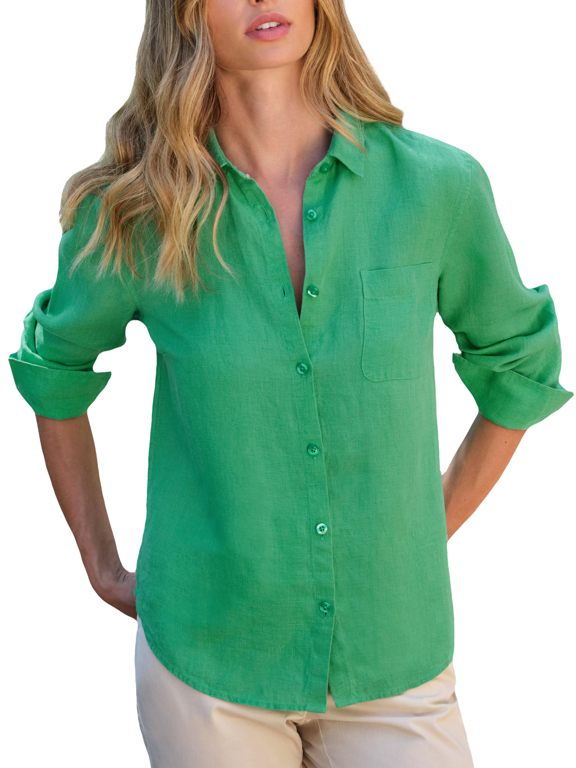 Product image 1 of 3, which shows Pure Collection Linen Long Sleeve Shirt, Mid Green, 8