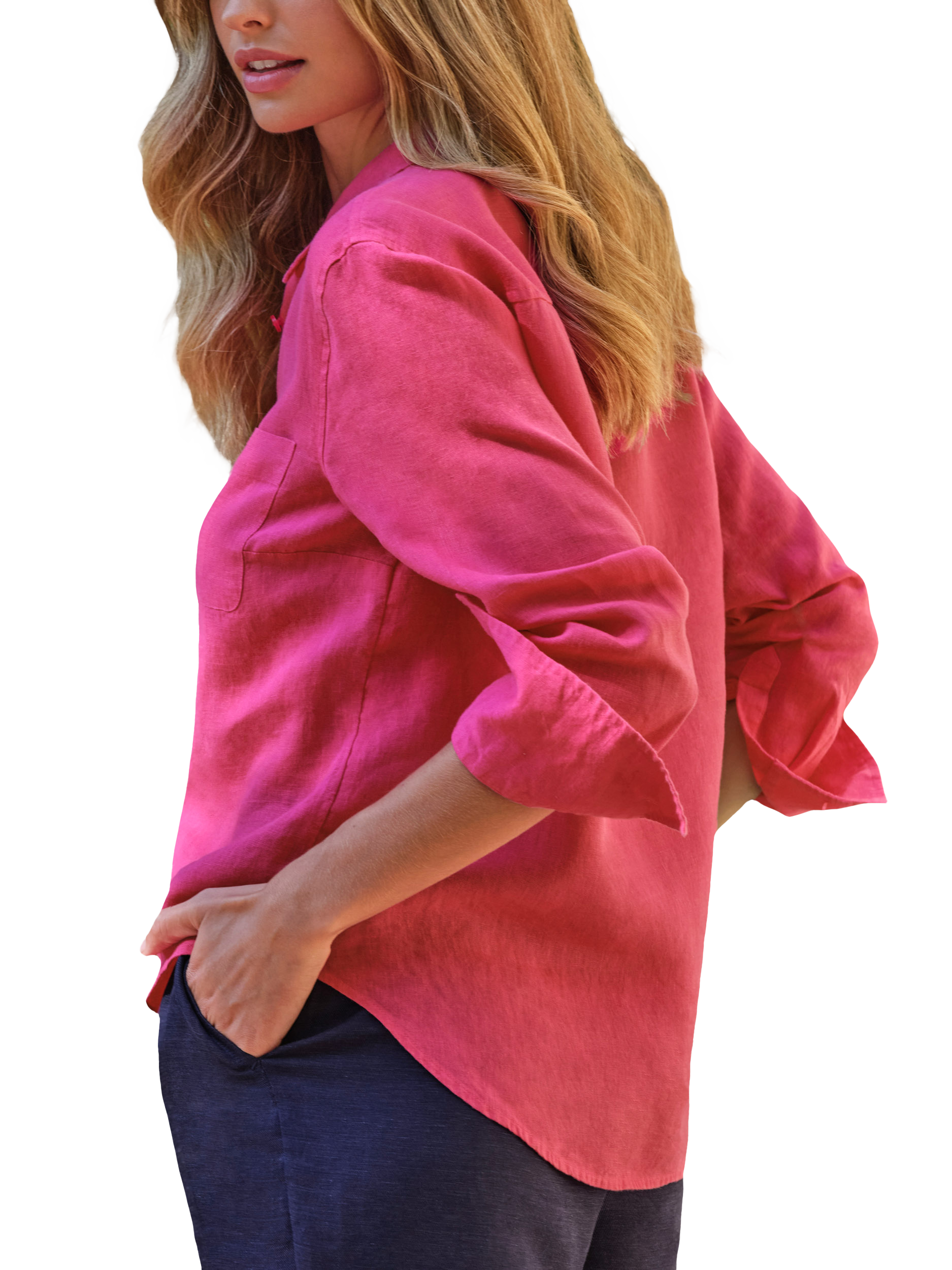 Product image 3 of 3, which shows Pure Collection Linen Long Sleeve Shirt, Pink, 8