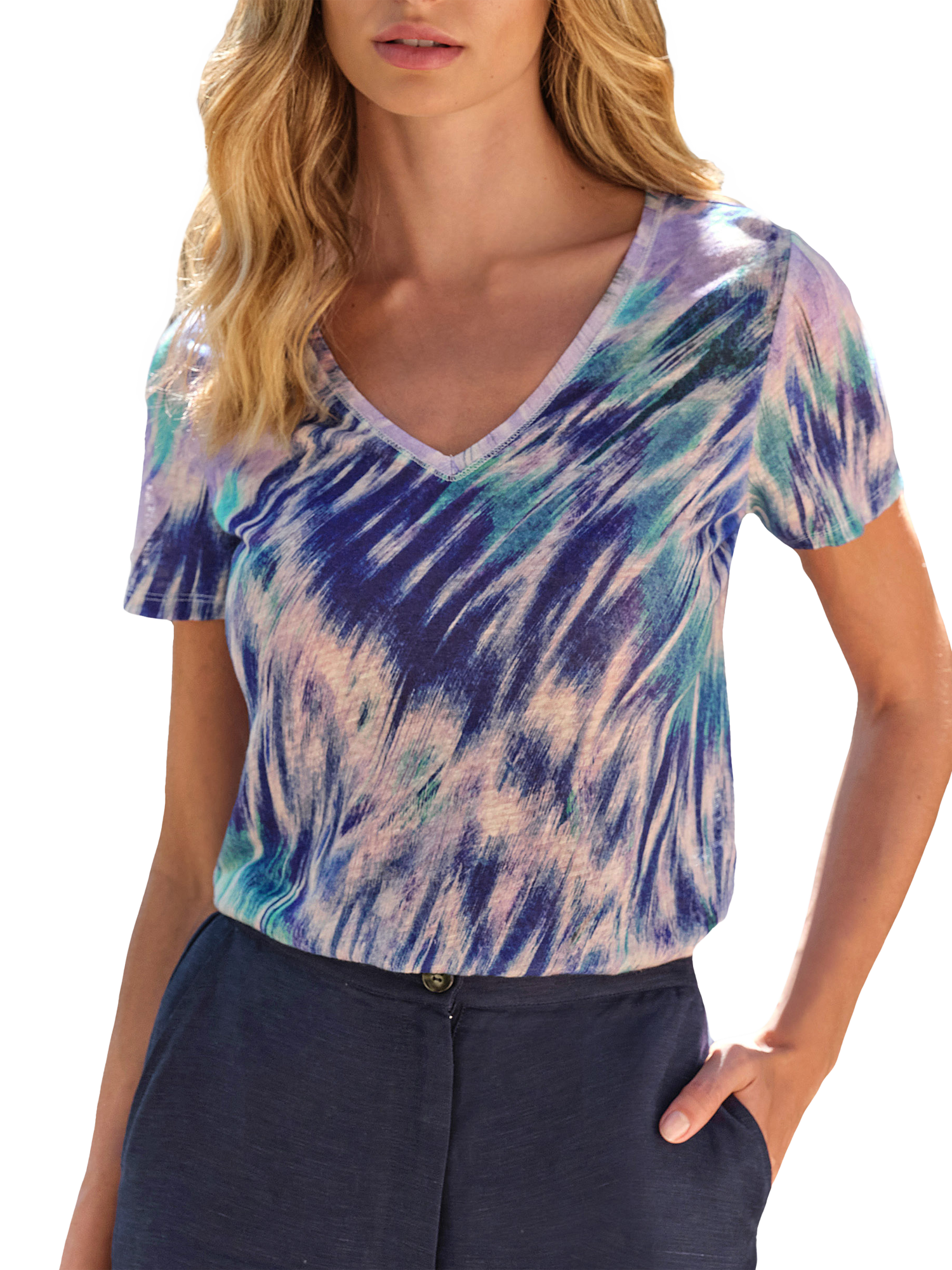 Product image 1 of 3, which shows Pure Collection Linen Jersey V-Neck T-Shirt, Blue/Multi, 8