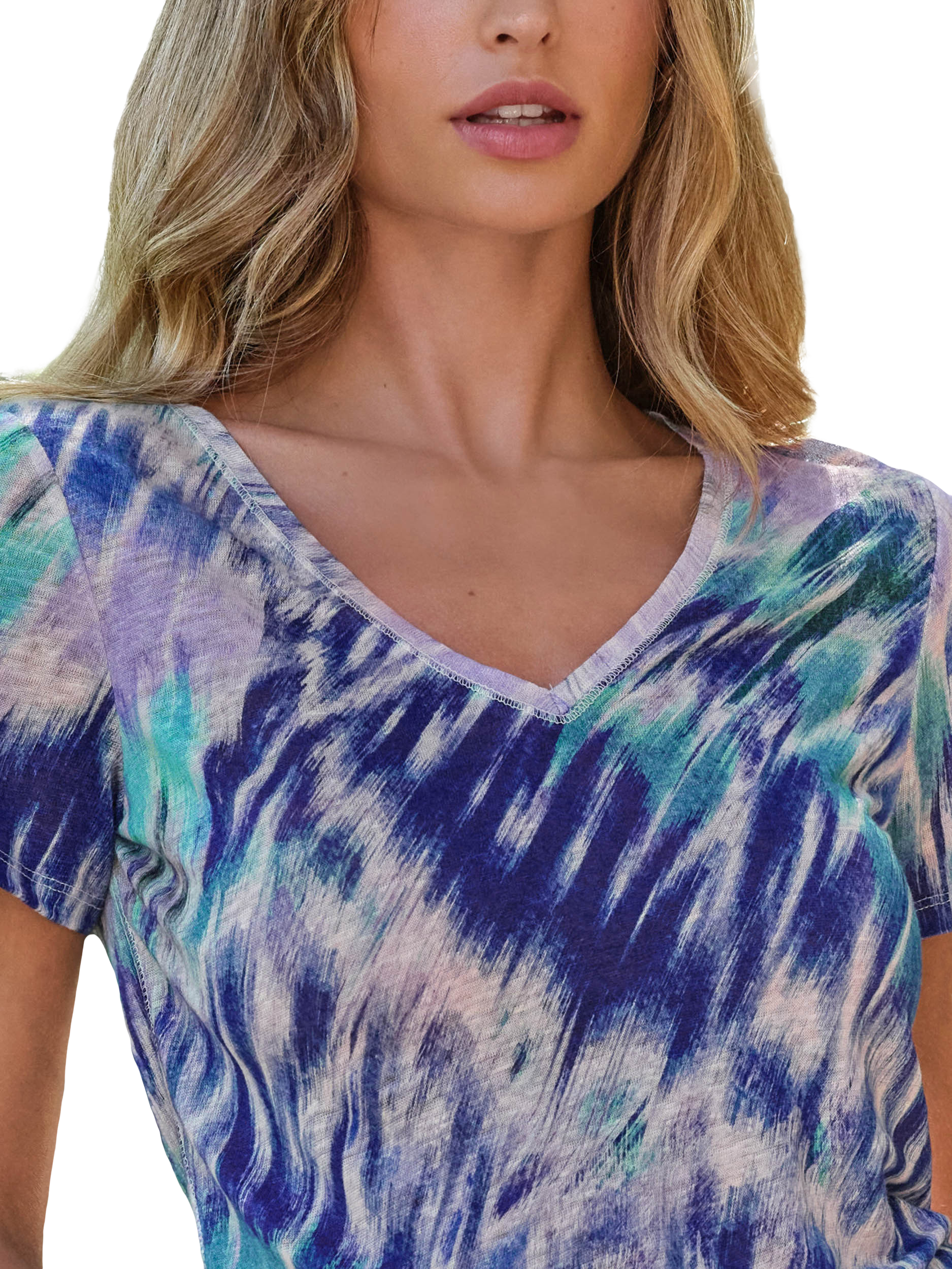 Product image 2 of 3, which shows Pure Collection Linen Jersey V-Neck T-Shirt, Blue/Multi, 8