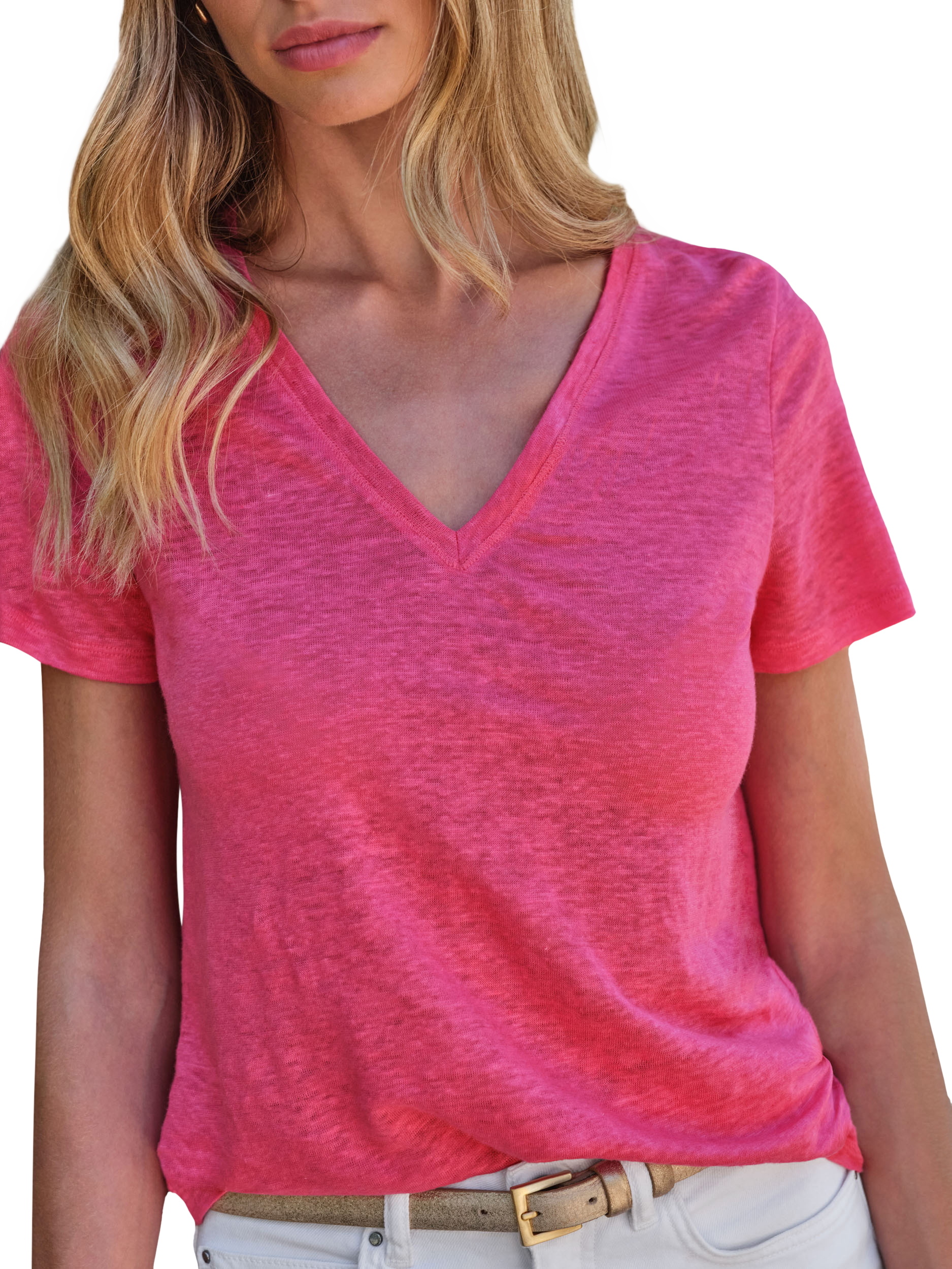Product image 1 of 3, which shows Pure Collection Linen V-Neck T-Shirt, Hot Pink, 8