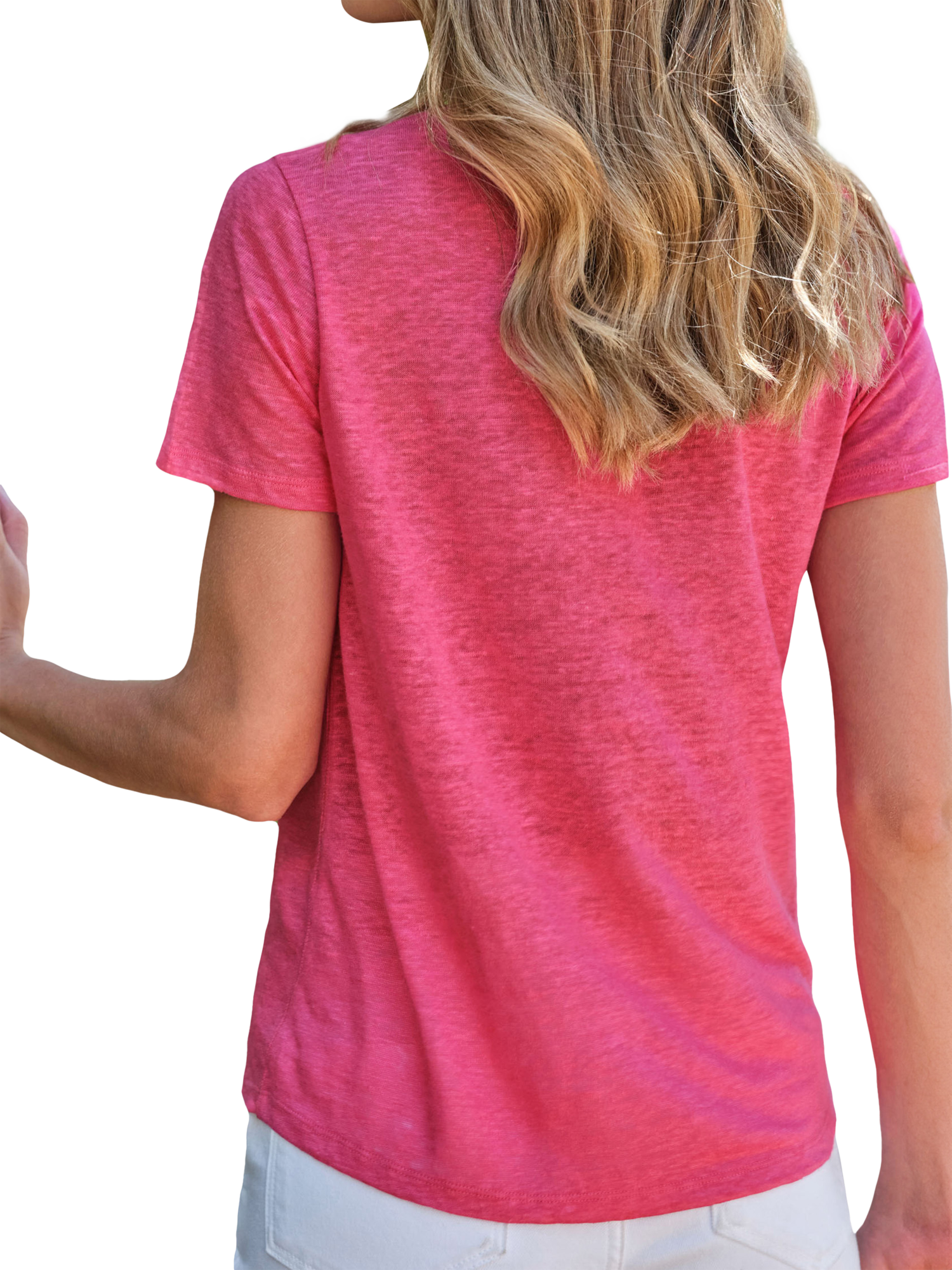 Product image 3 of 3, which shows Pure Collection Linen V-Neck T-Shirt, Hot Pink, 8