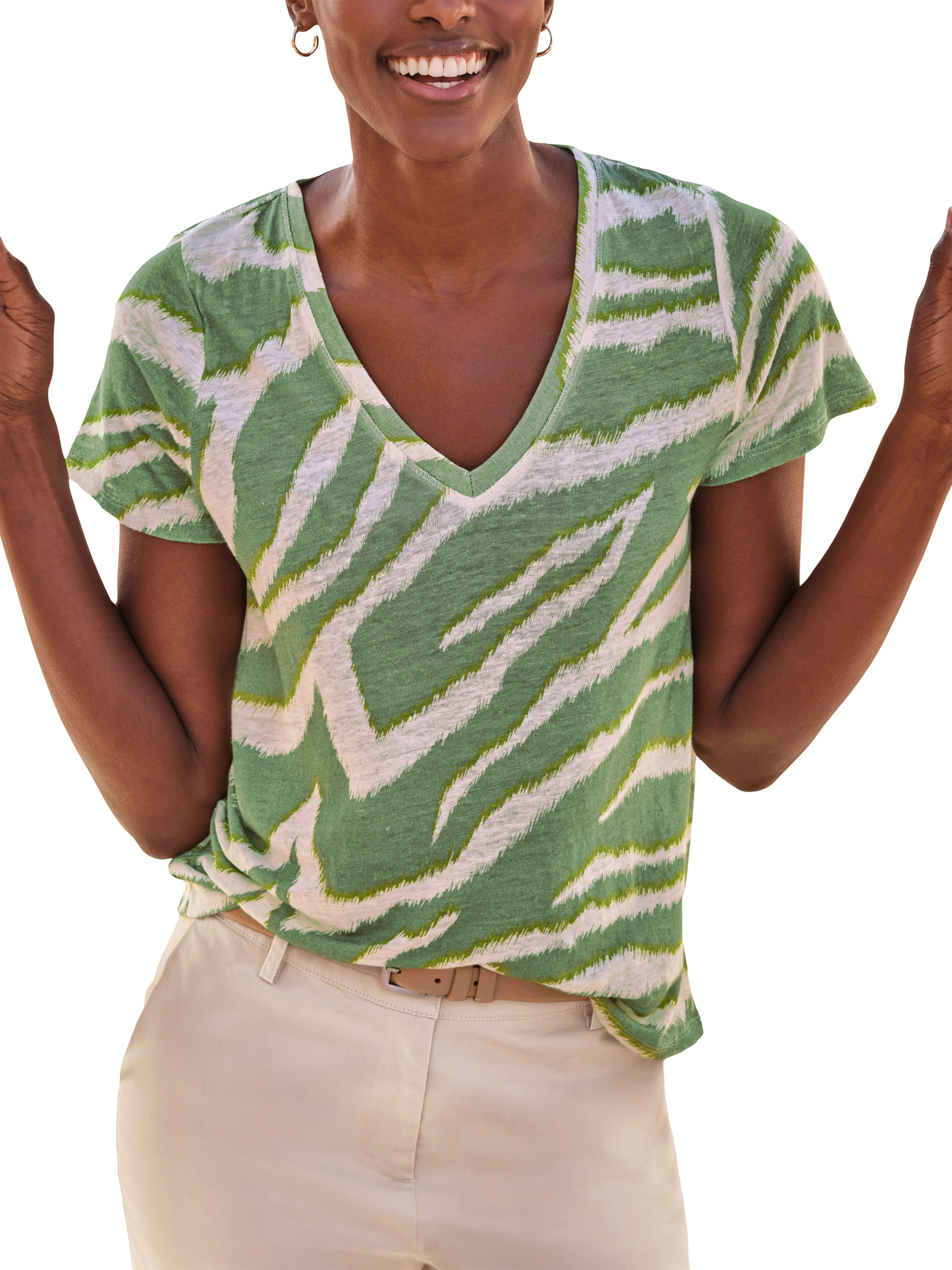 Product image 1 of 3, which shows Pure Collection Linen V-Neck Zebra Print T-Shirt, Green/Multi, 8