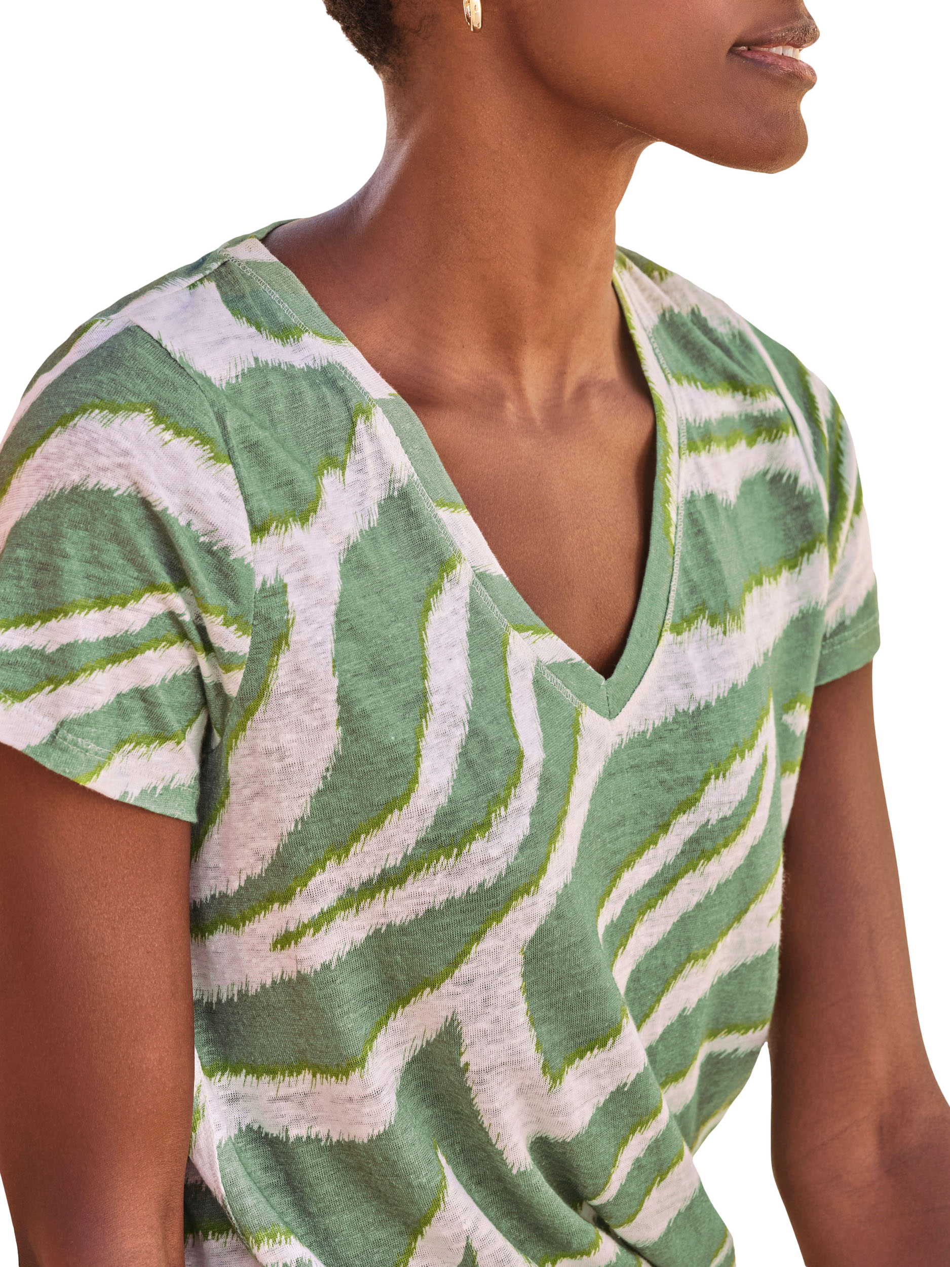 Product image 3 of 3, which shows Pure Collection Linen V-Neck Zebra Print T-Shirt, Green/Multi, 8