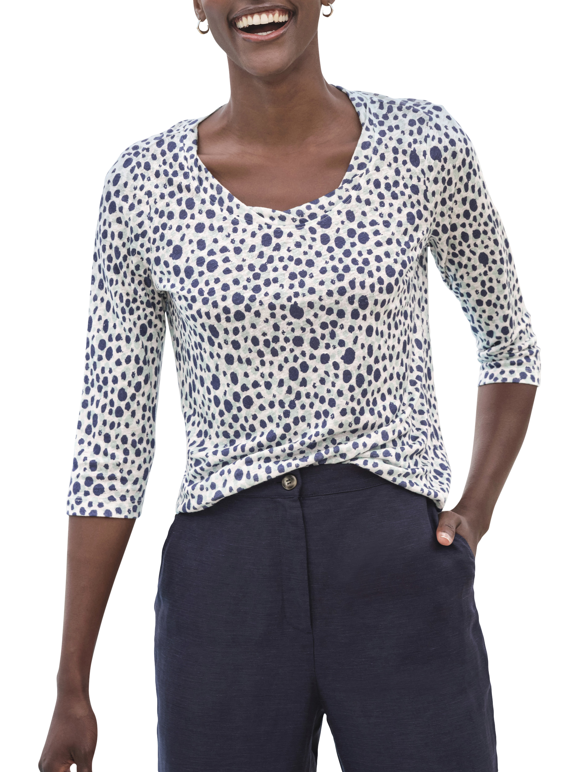 Product image 1 of 3, which shows Pure Collection Spot Print Pure Linen Top, Navy/Multi, 8